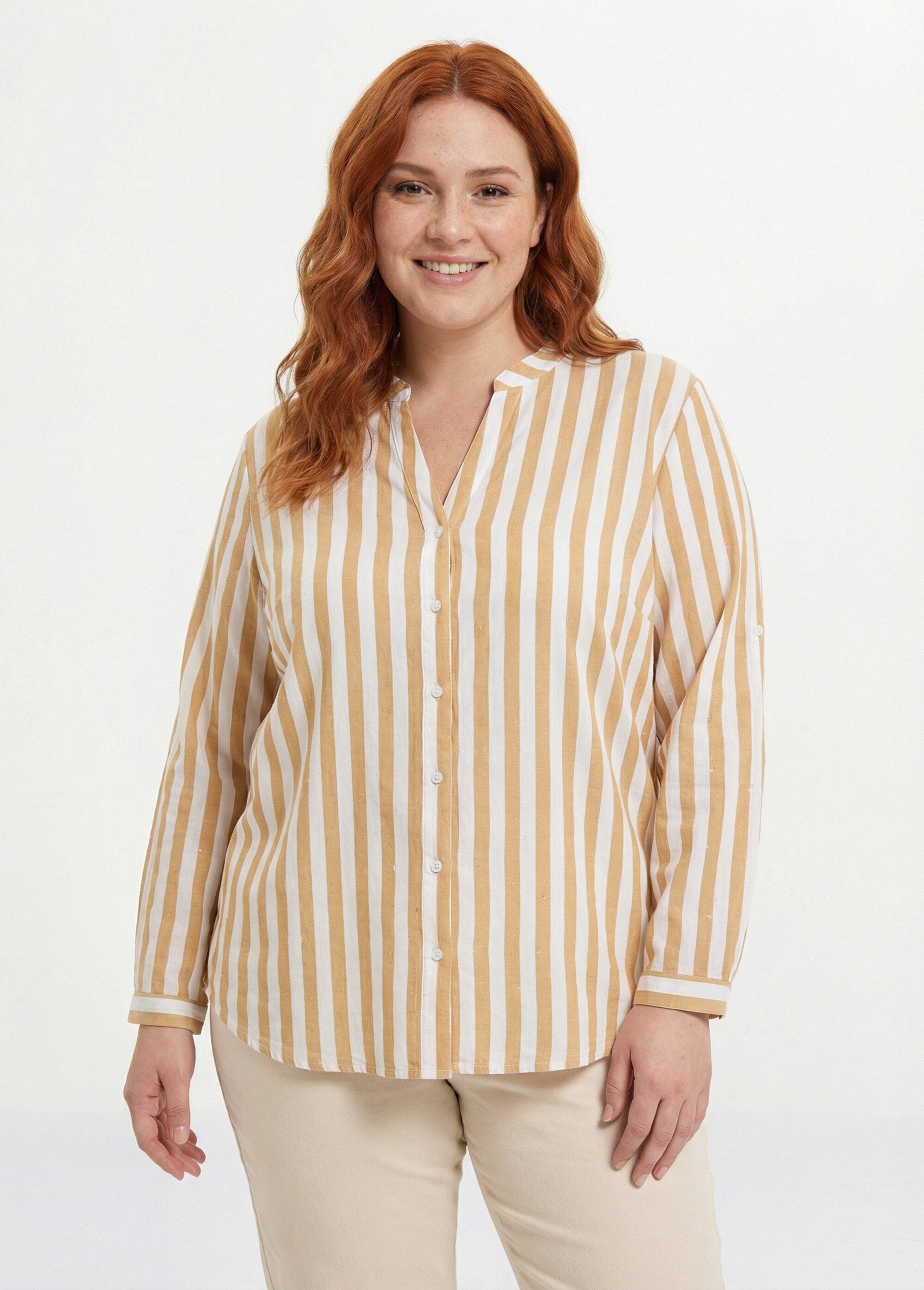 Tunique rayée encolure tunisienne Femme Grande Taille Beige CHY-F647 FA1