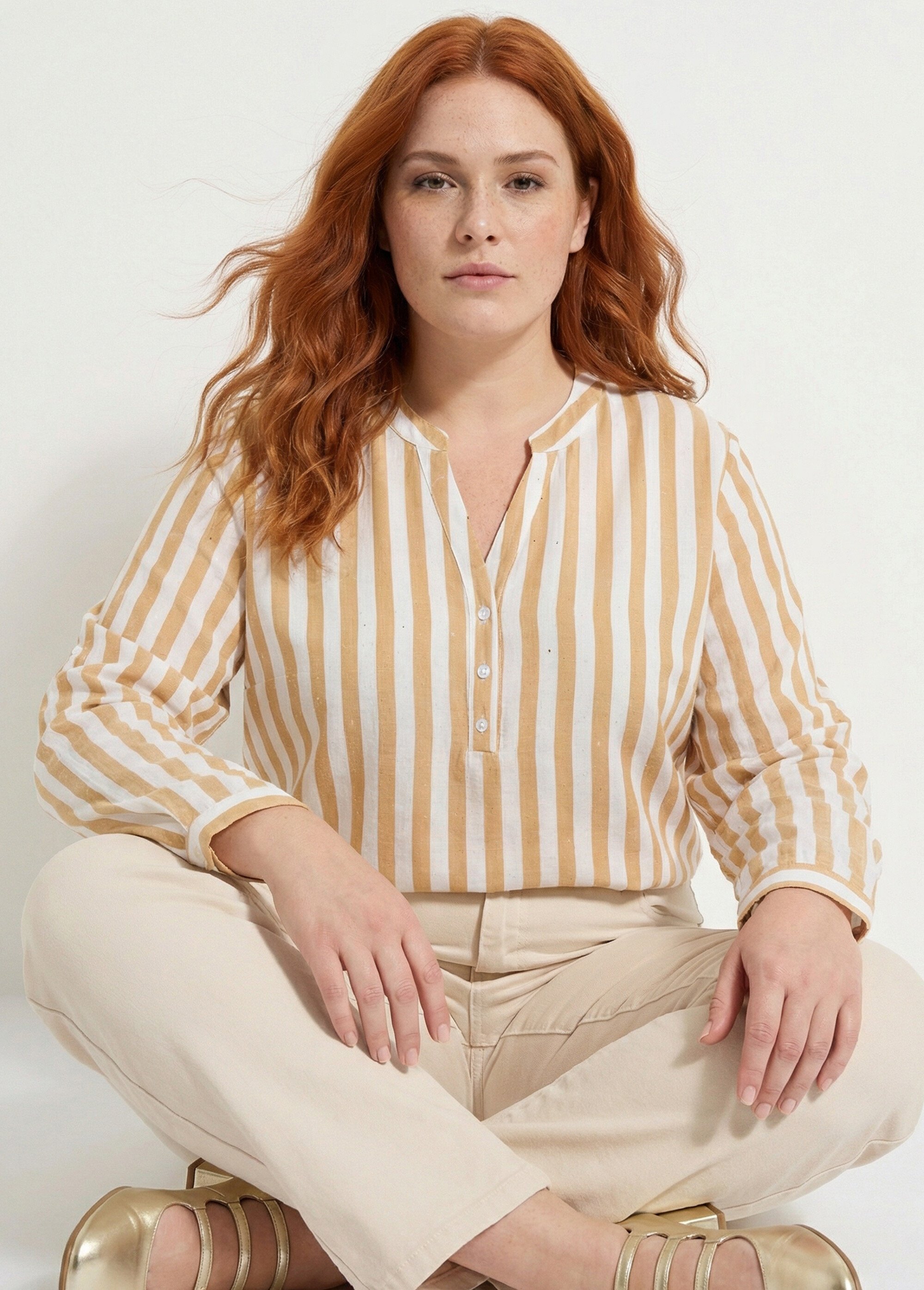 Tunique rayée encolure tunisienne Femme Grande Taille Beige CHY-F647 MV1