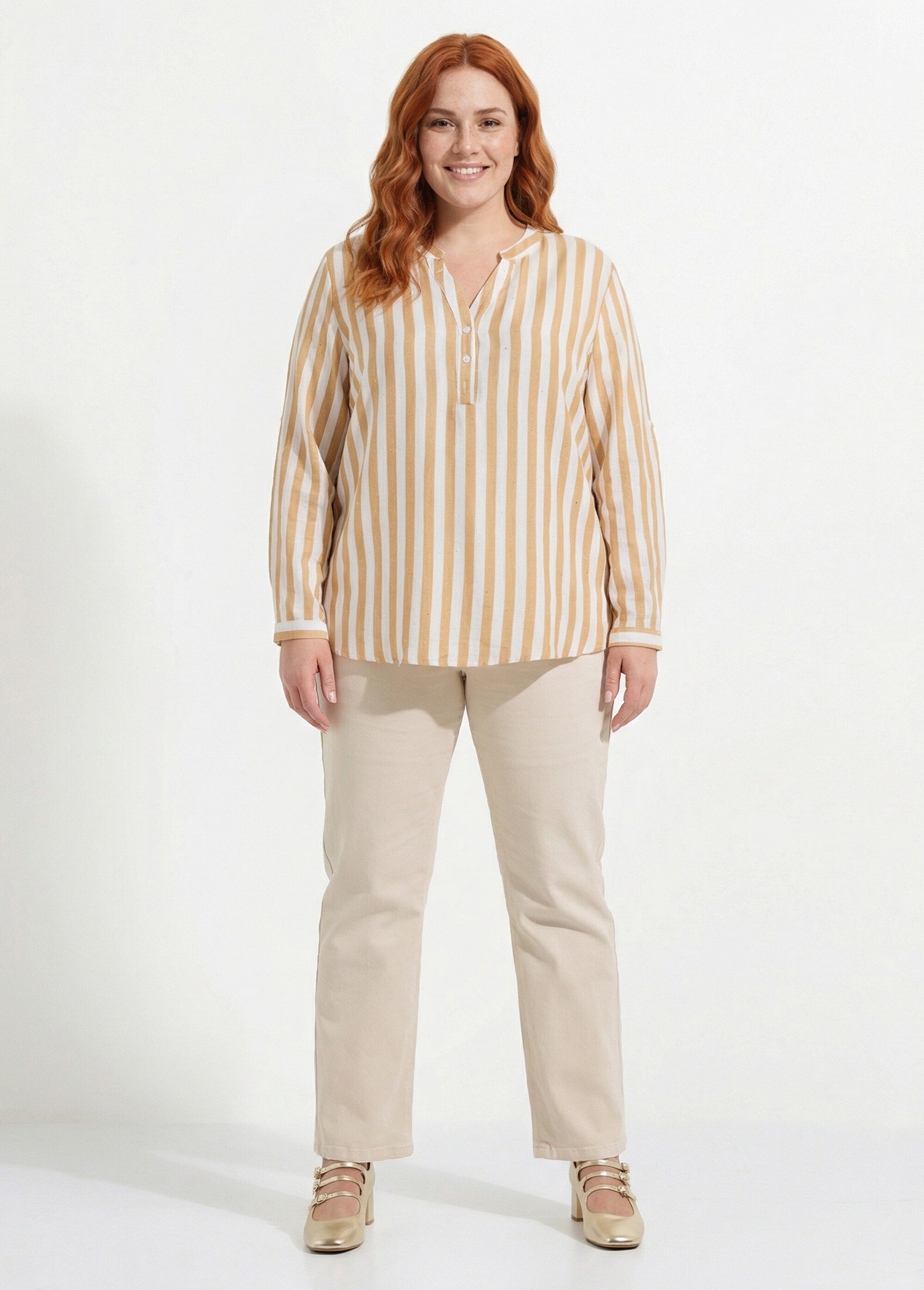 Tunique rayée encolure tunisienne Femme Grande Taille Beige CHY-F647 SF1