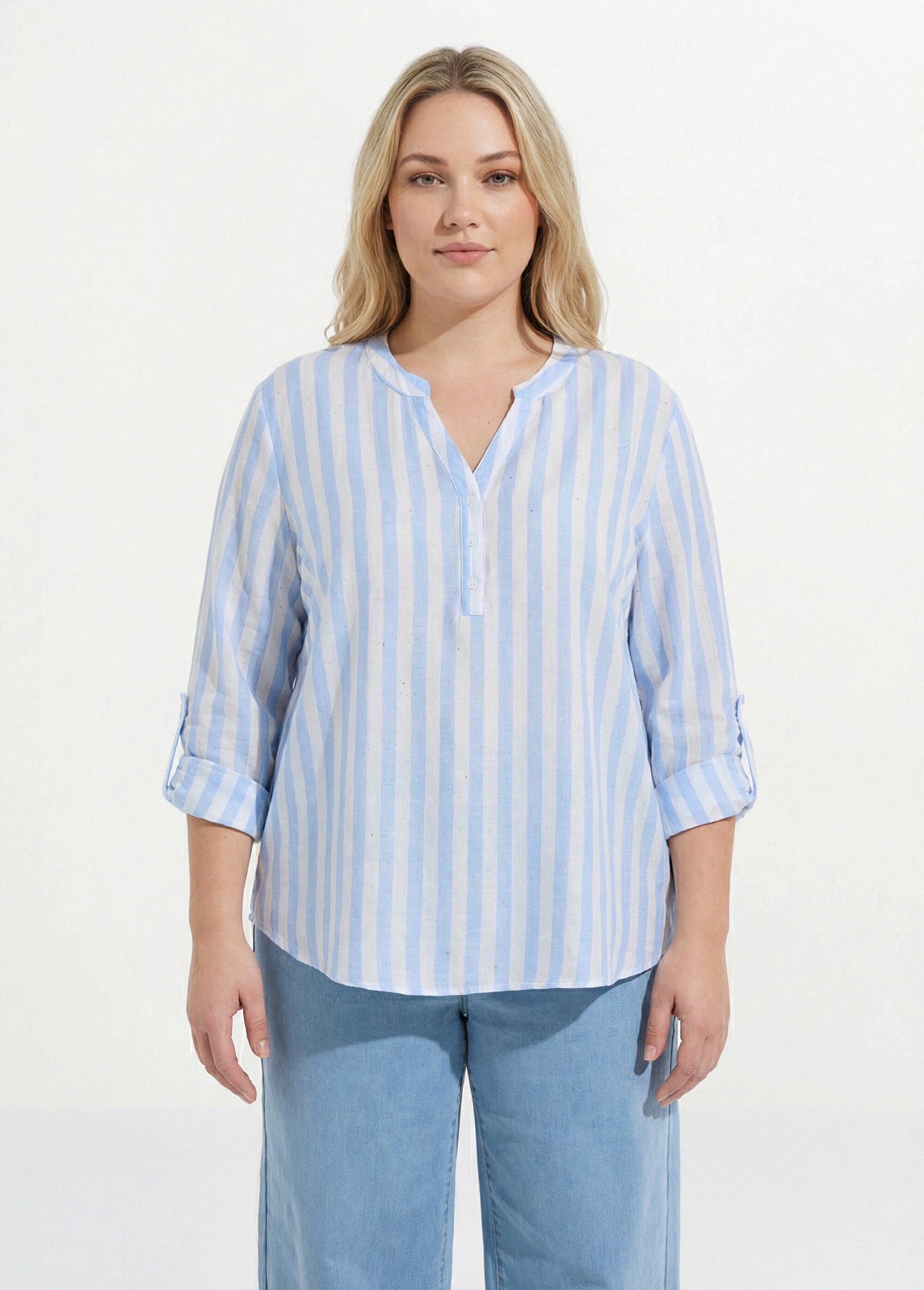 Tunique rayée encolure tunisienne Femme Grande Taille Beige CHY-F647 FA1