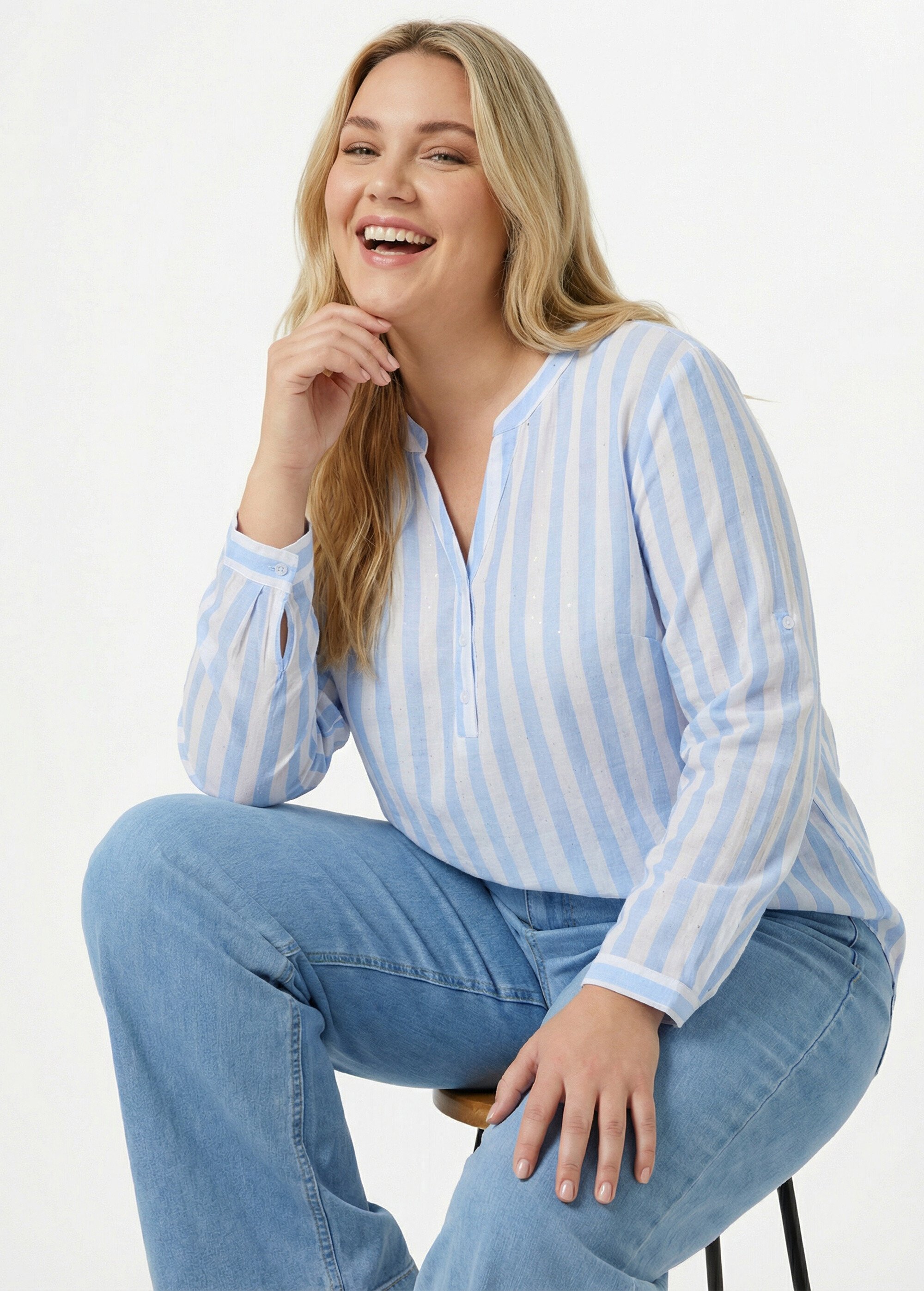 Tunique rayée encolure tunisienne Femme Grande Taille Beige CHY-F647 MV1