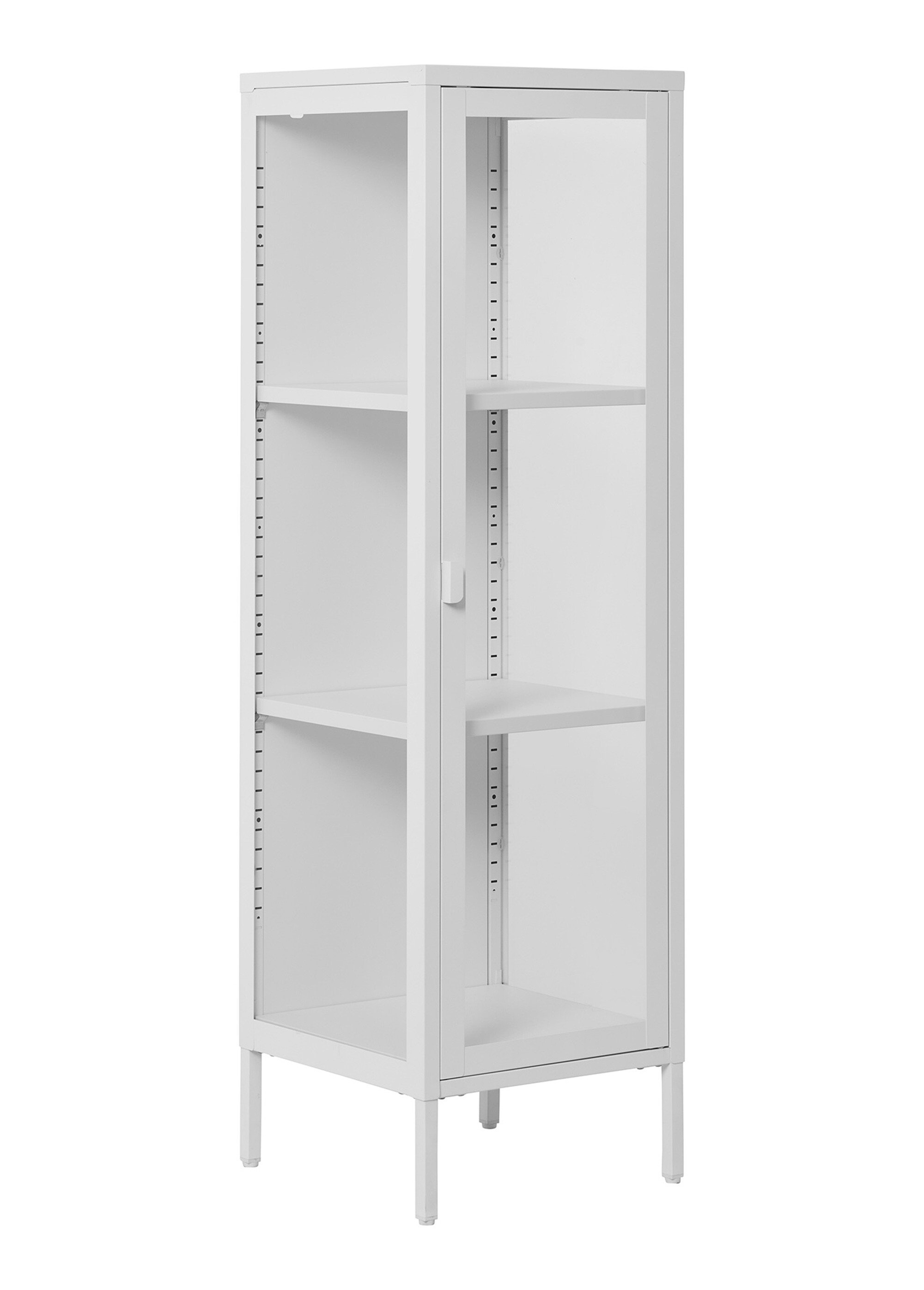 Vitrine 3 niveaux à porte, verre + métal