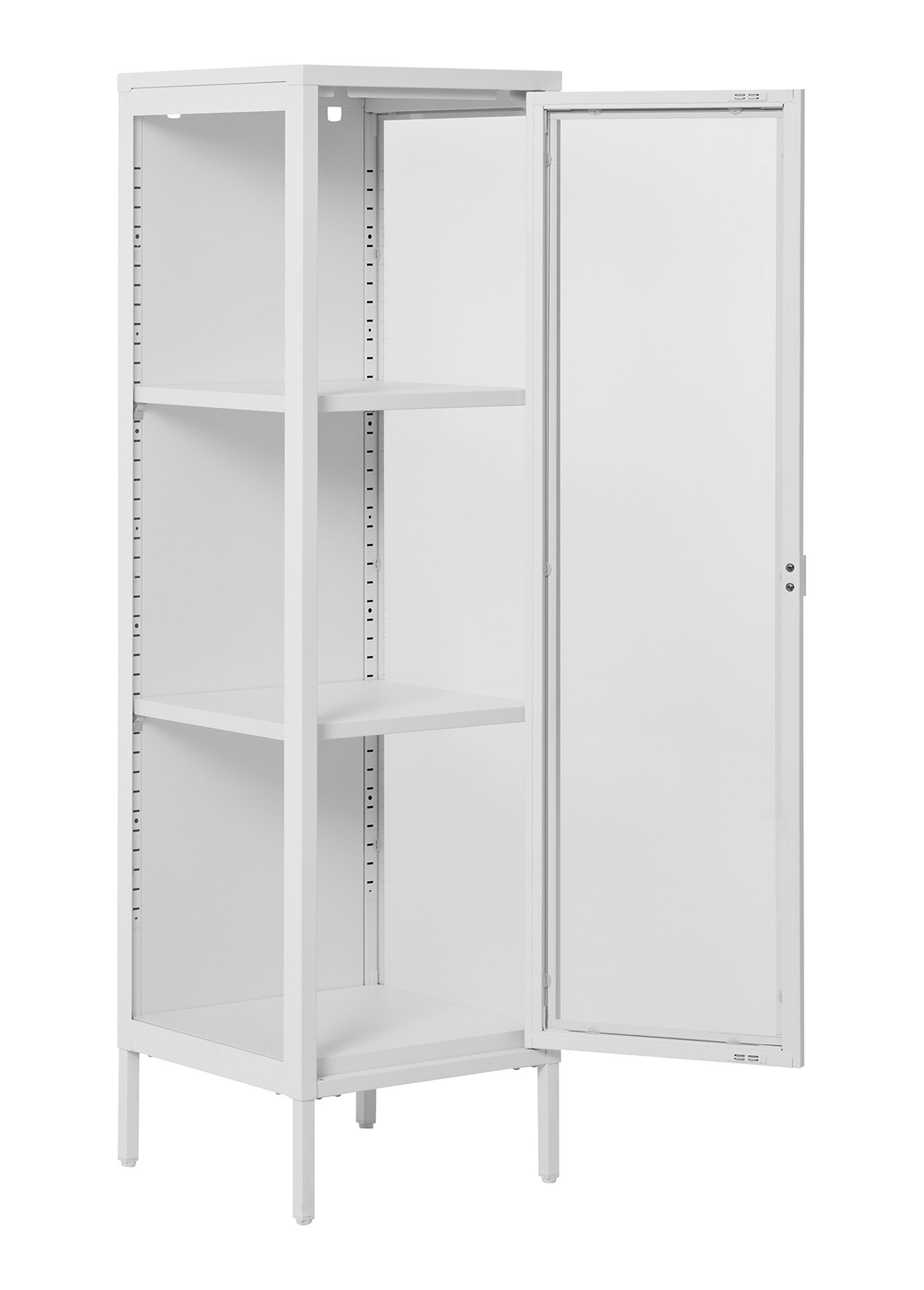 Vitrine 3 niveaux à porte, verre + métal BLANC HN-3003006 DE2