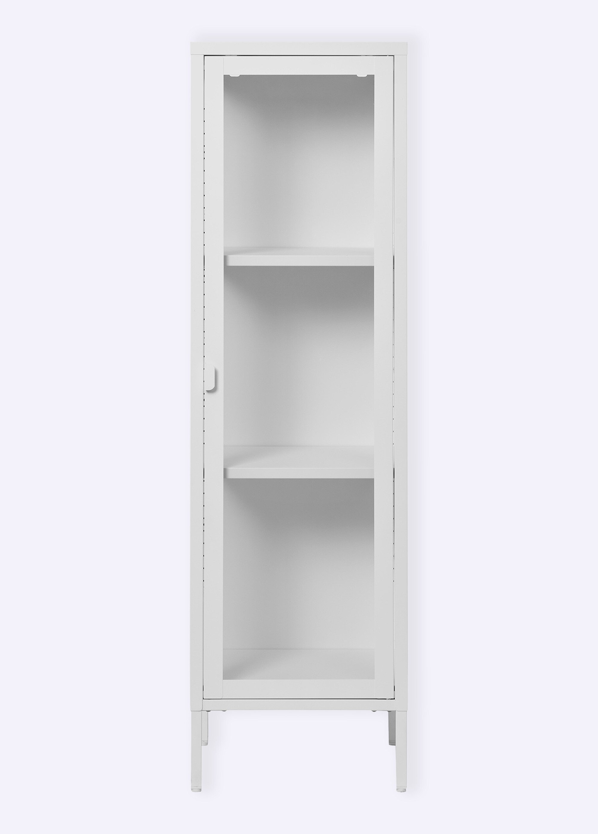 Vitrine 3 niveaux à porte, verre + métal