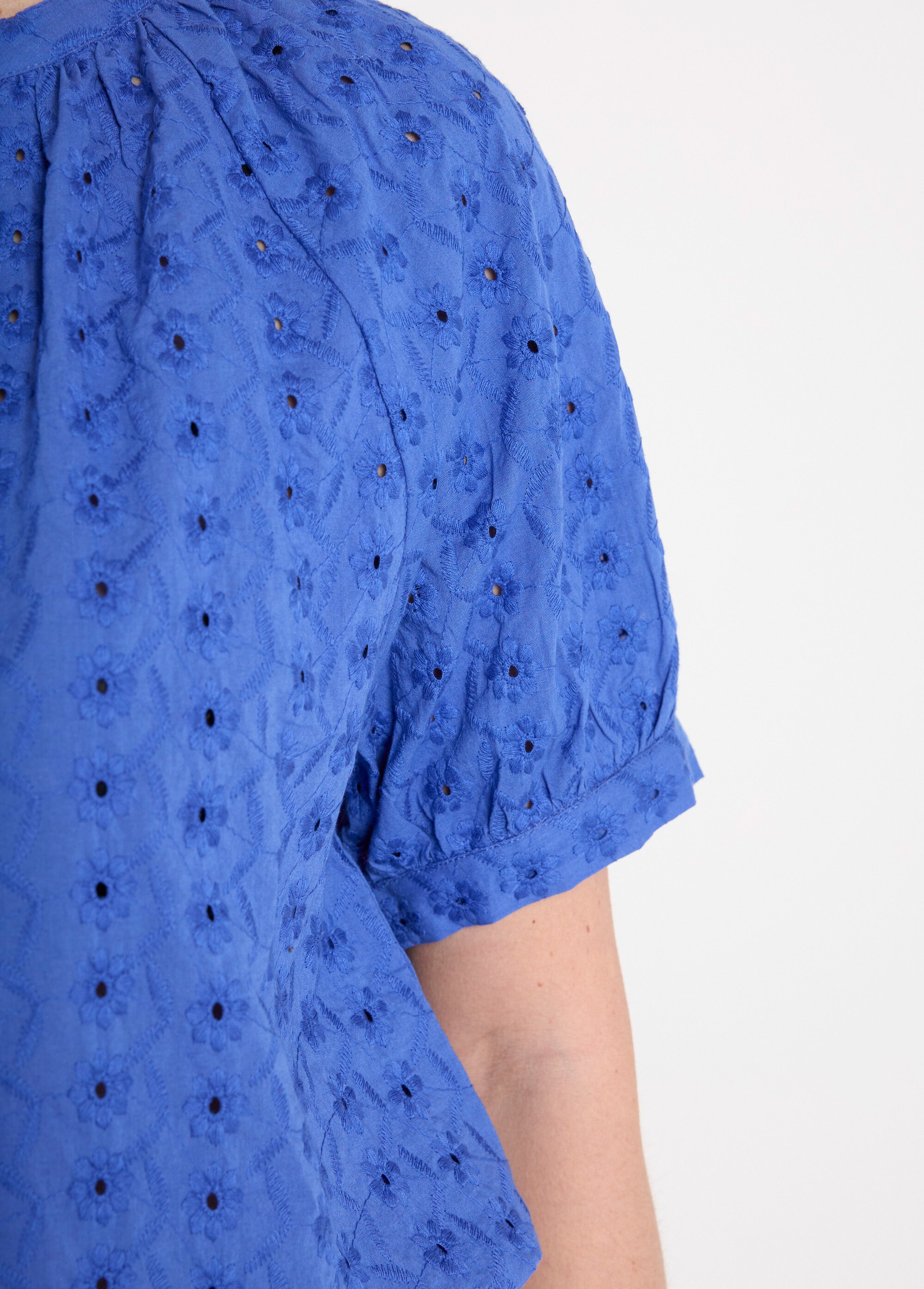 Chemisier ample coton brodé sans col Femme Bleu CARIOCA DE2