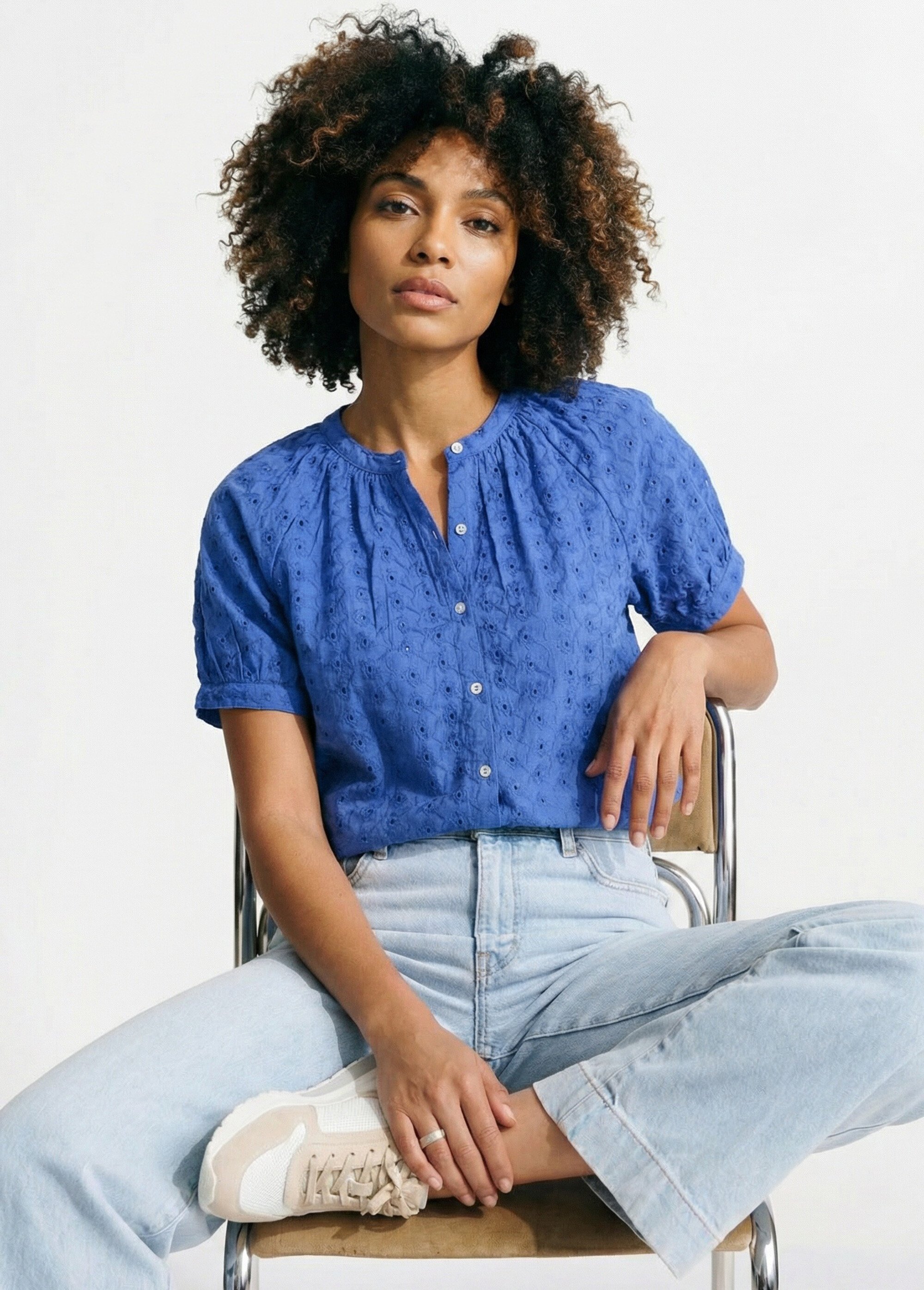 Chemisier ample coton brodé sans col Femme Bleu CARIOCA MV1