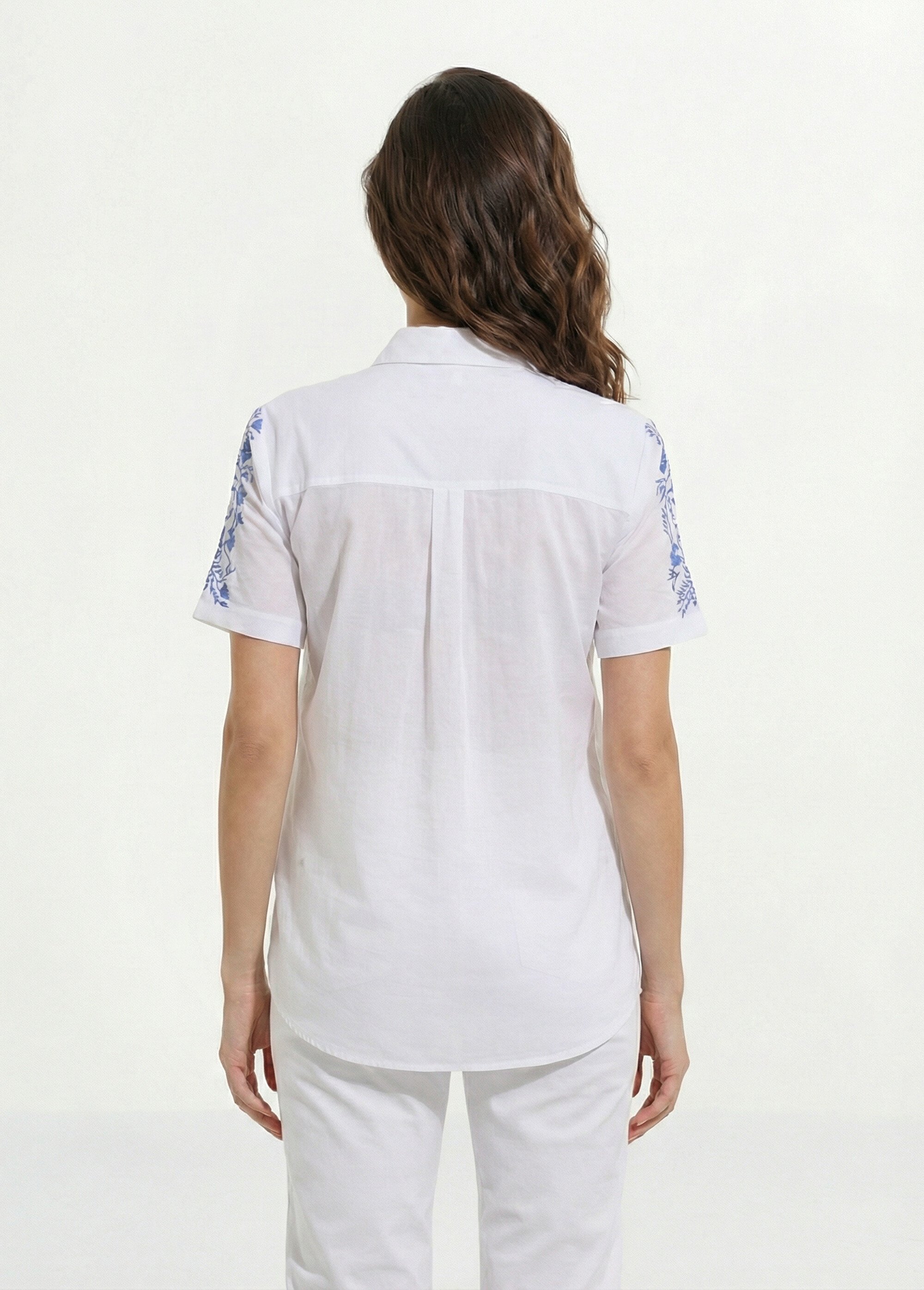 Chemisier long coton brodé manches courtes Femme BLANC ET BLEU DUR CARUSO DO1