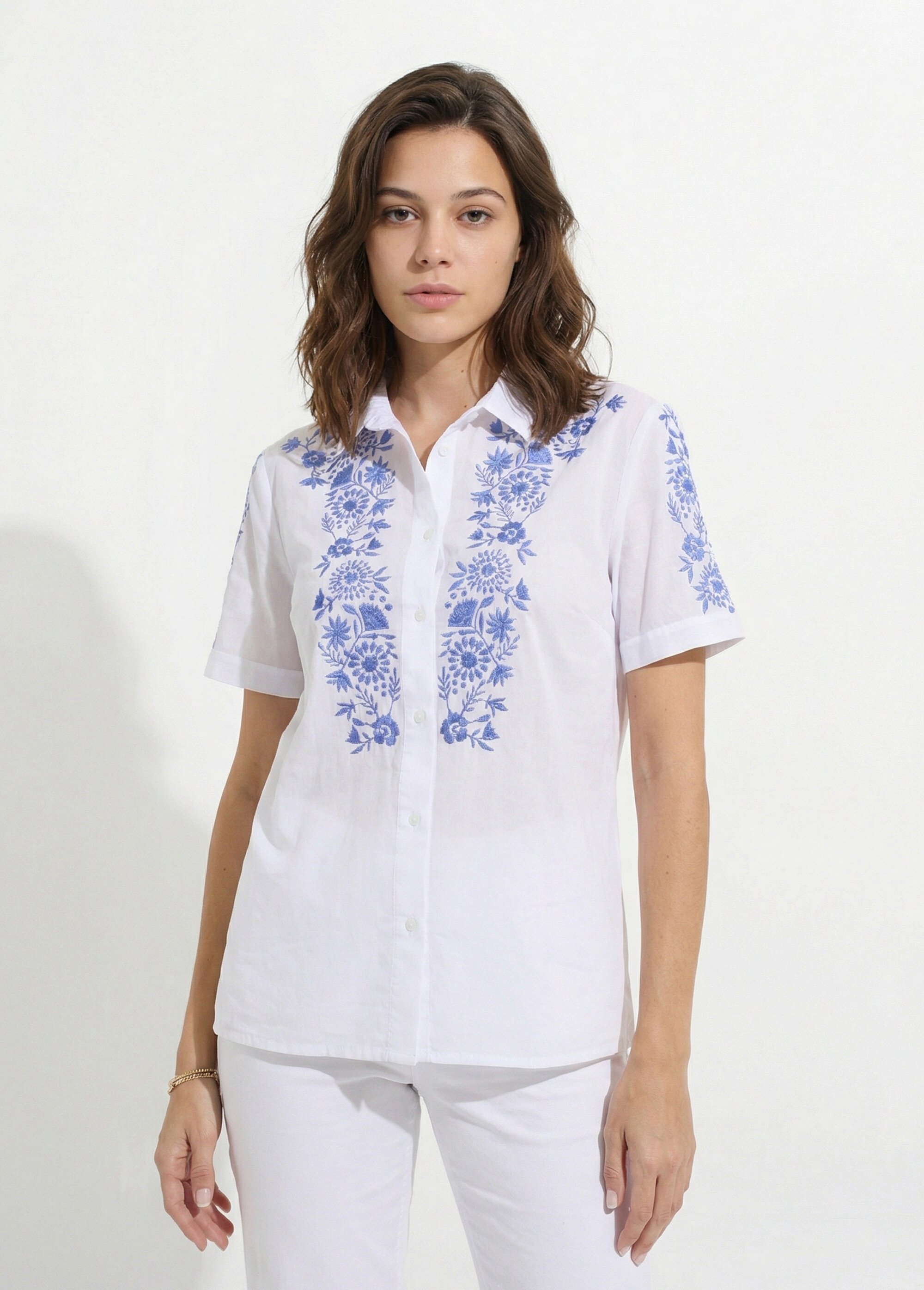 Chemisier long coton brodé manches courtes Femme BLANC ET BLEU DUR CARUSO FA1