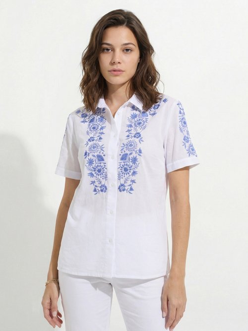 Chemisier long coton brodé manches courtes Femme BLANC ET BLEU DUR CARUSO FA1