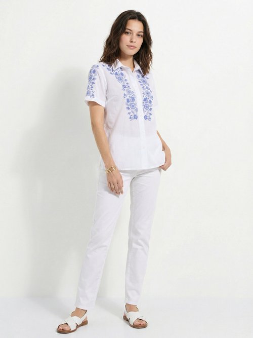 Chemisier long coton brodé manches courtes Femme BLANC ET BLEU DUR CARUSO SF1