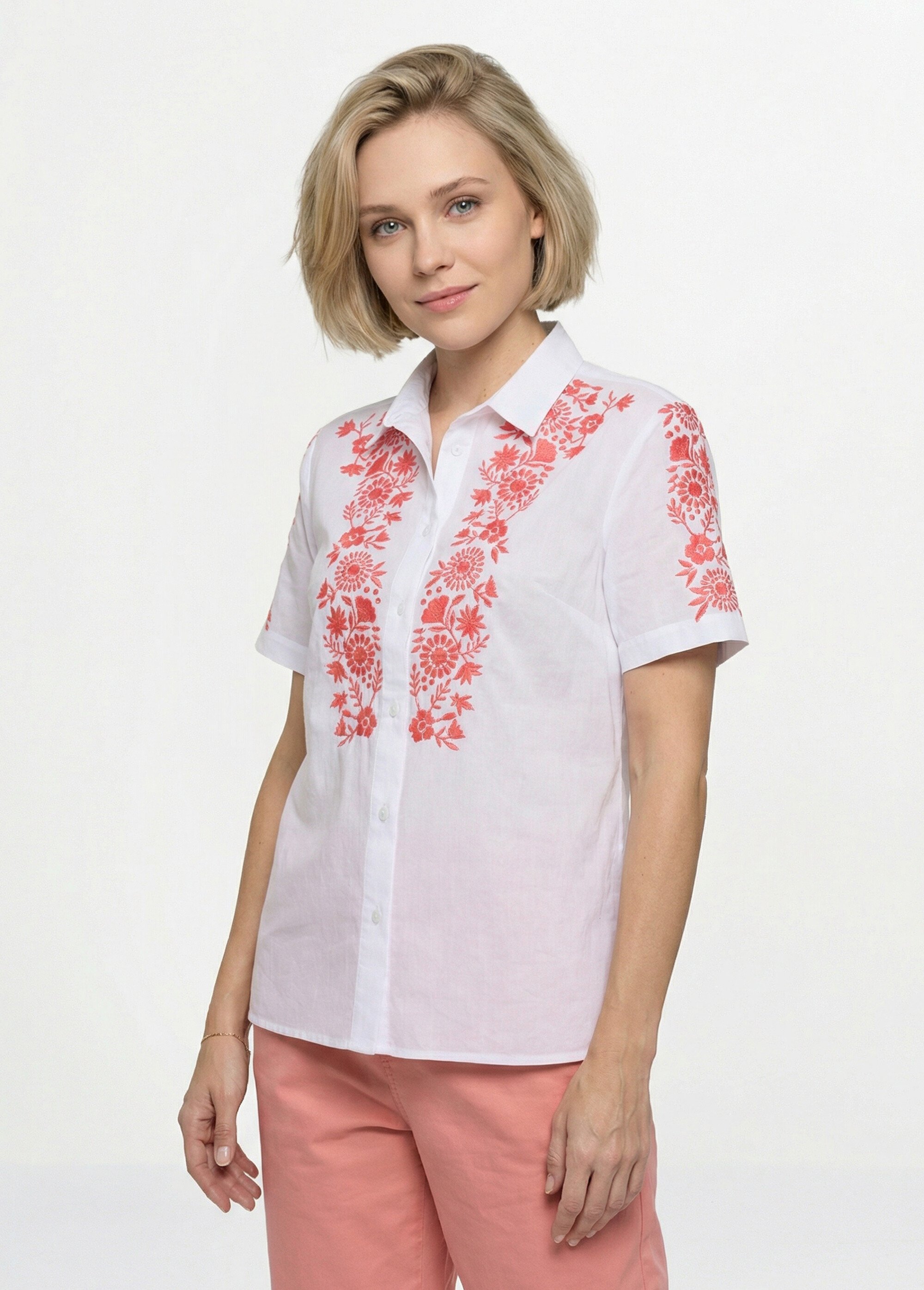Chemisier long coton brodé manches courtes Femme Blanc CARUSO FA1