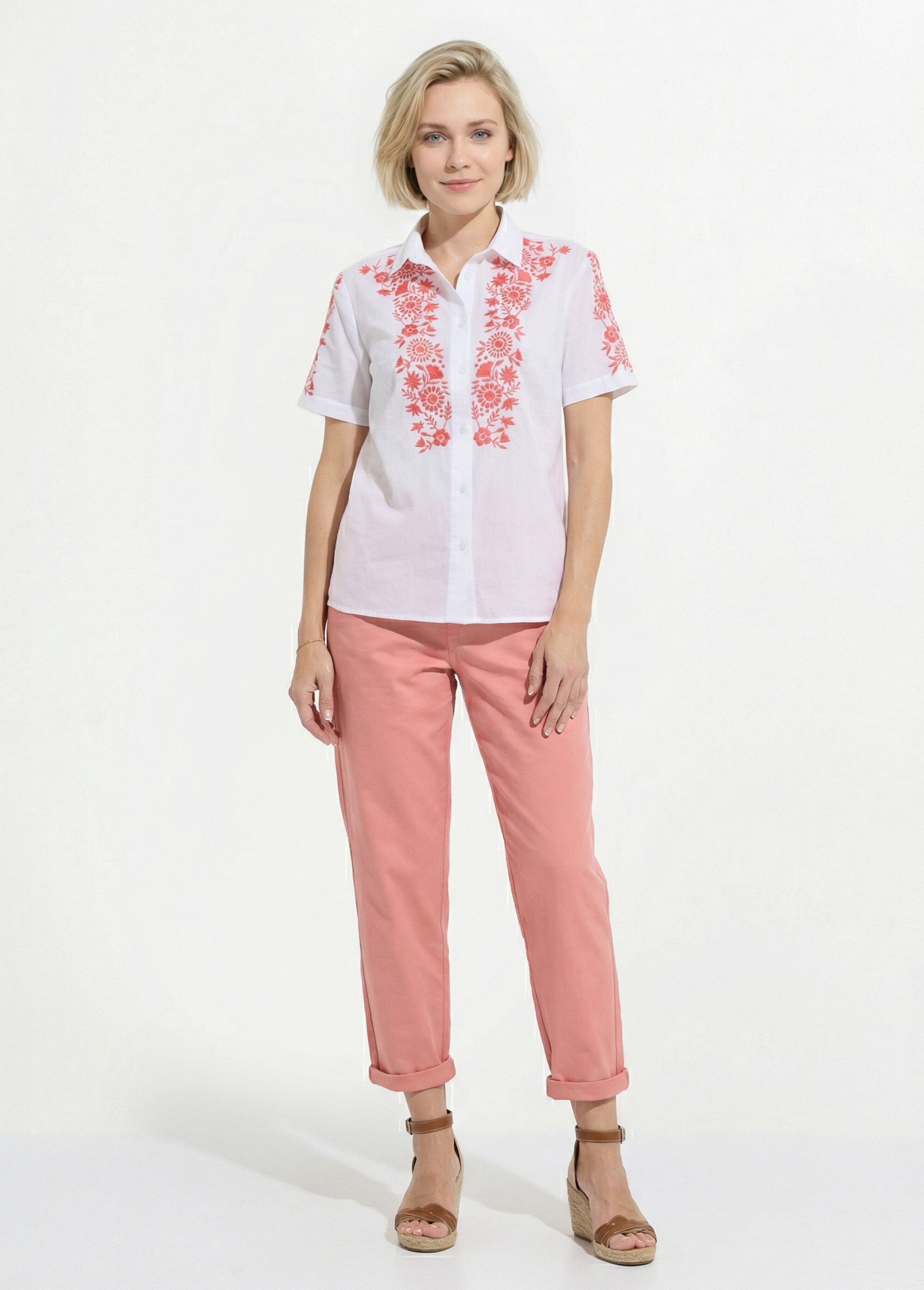 Chemisier long coton brodé manches courtes Femme Blanc CARUSO SF1