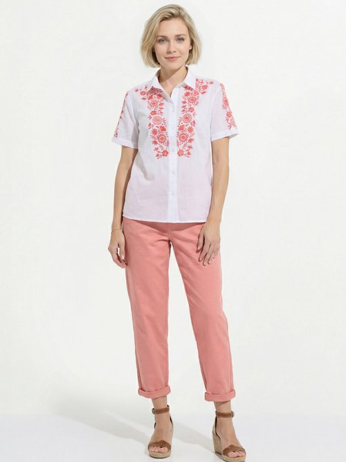 Chemisier long coton brodé manches courtes Femme Blanc CARUSO SF1