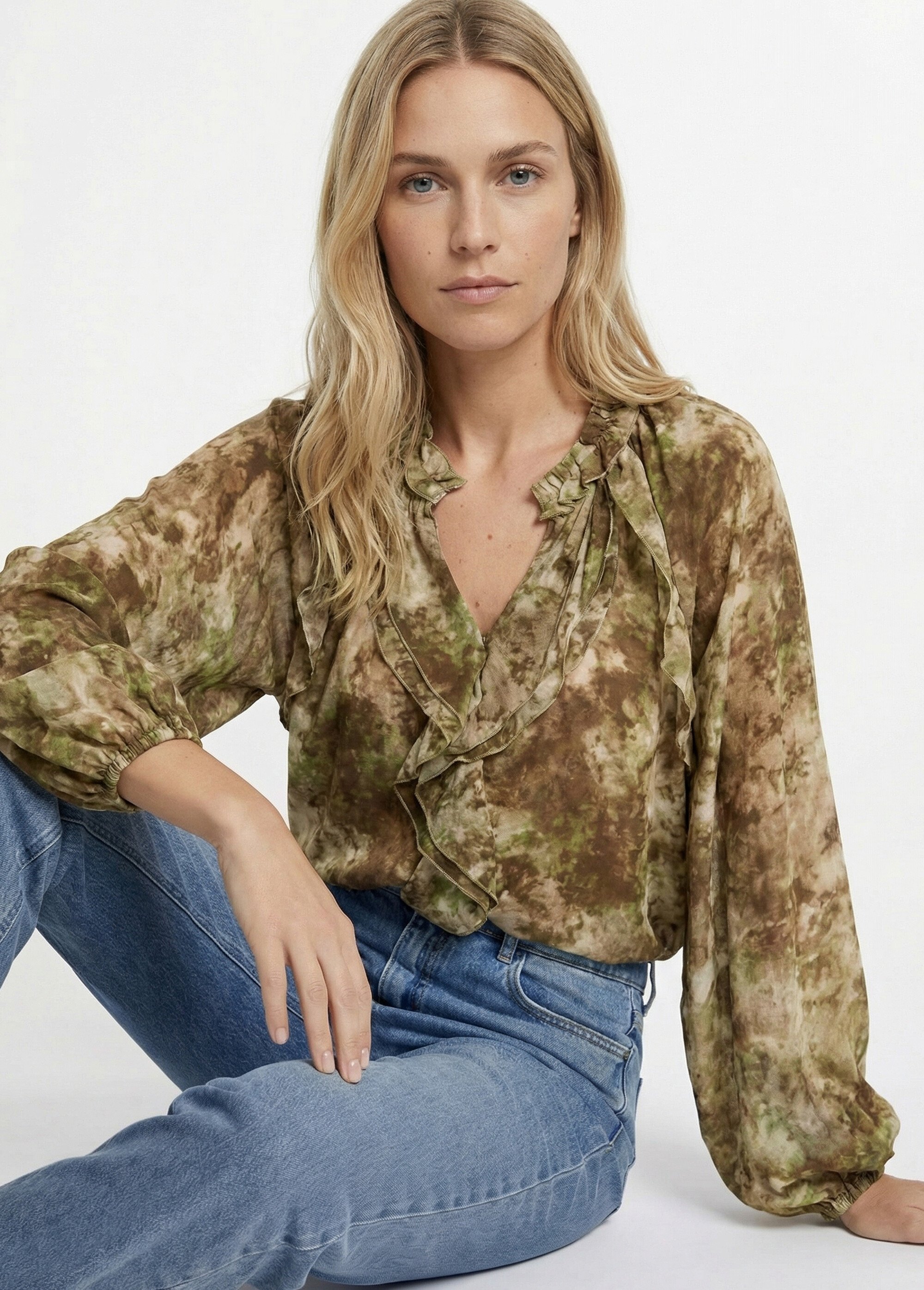 Chemisier volanté en voile avec col V Femme Vert JB-B6253 MV1