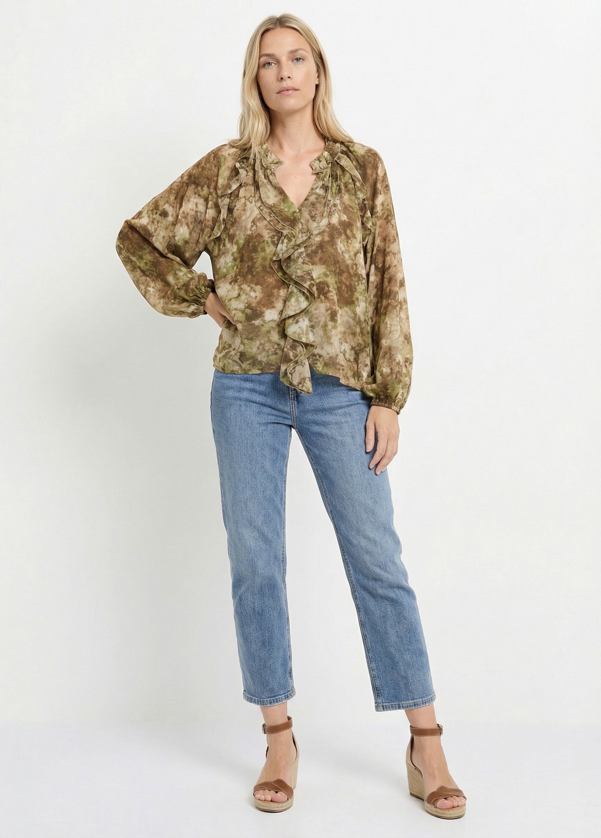 Chemisier volanté en voile avec col V Femme Vert JB-B6253 SF1