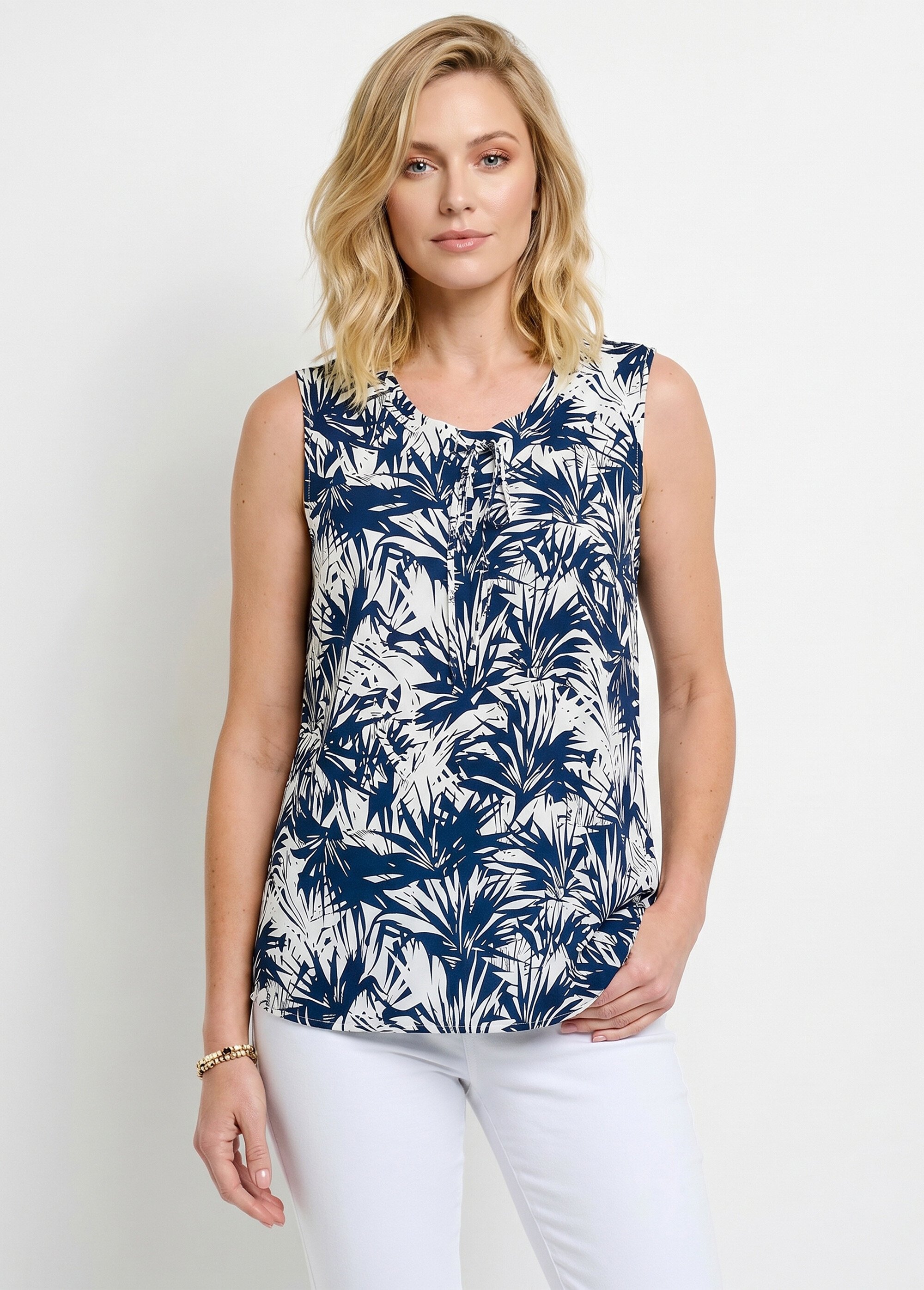 Débardeur long col rond uni ou imprimé Femme Bleu CANNELLE FA1