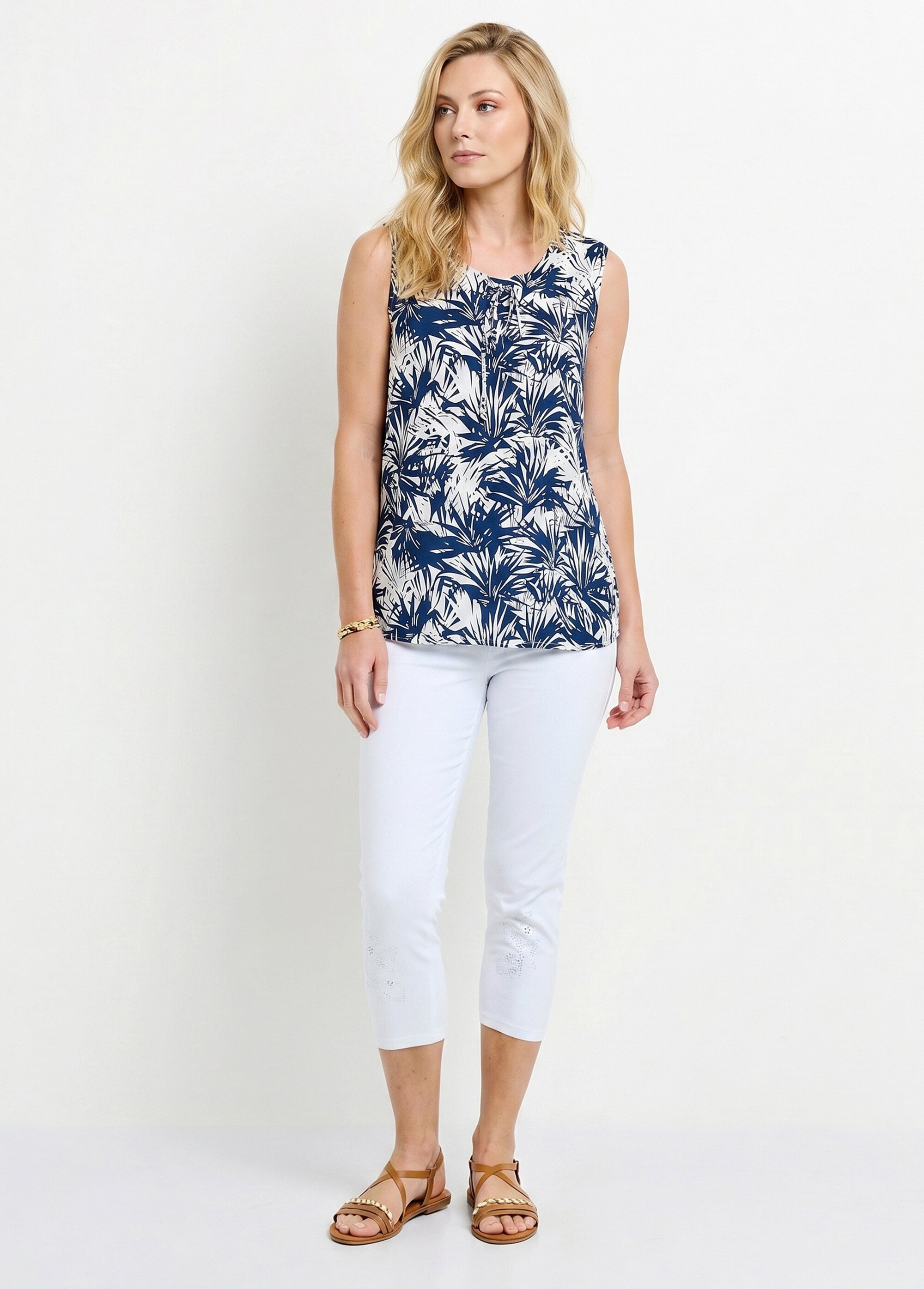 Débardeur long col rond uni ou imprimé Femme Bleu CANNELLE SI1