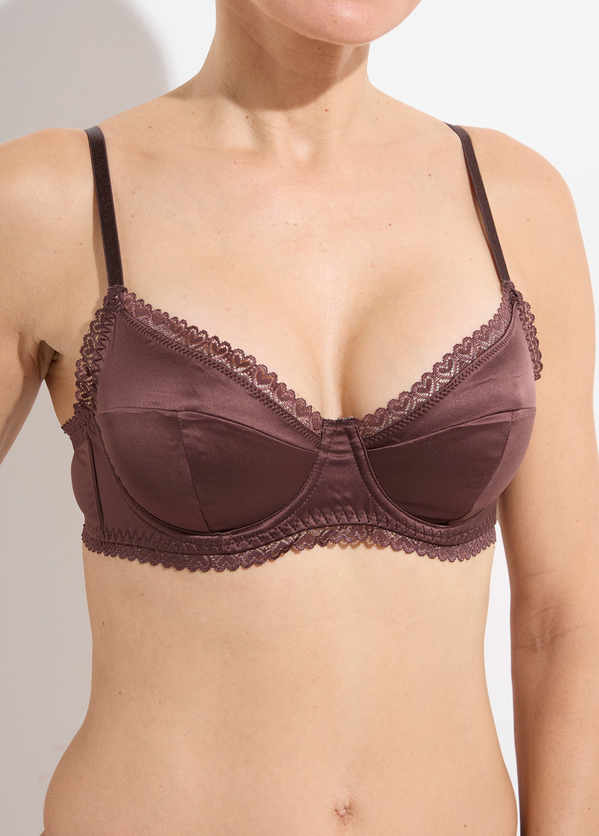 Ensemble satin soutien gorge et string Marron SUNPJ-5533 DE1