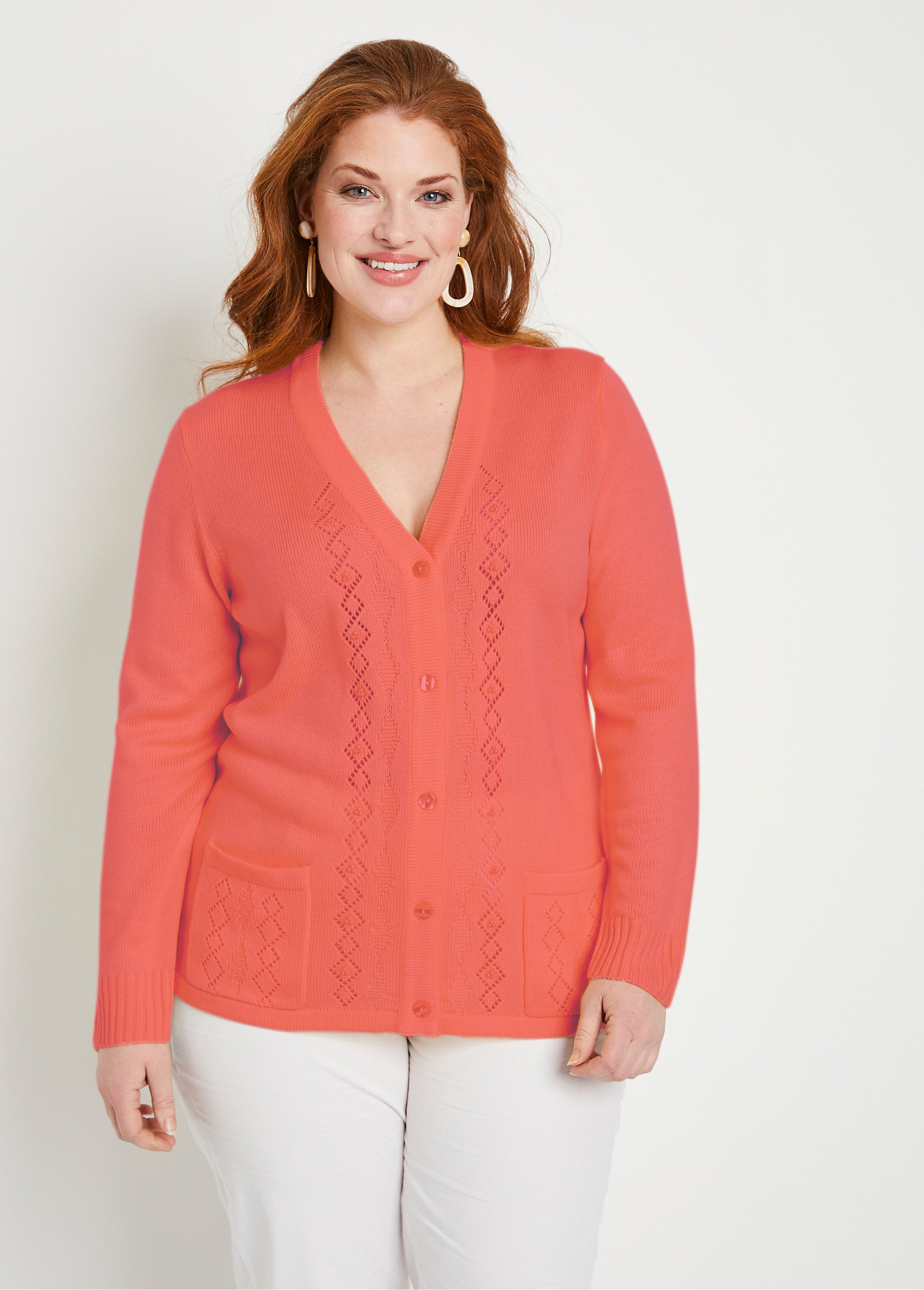 Gilet boutonné ajouré perlé Femme Grande Taille Rose MEILLEUR FA2