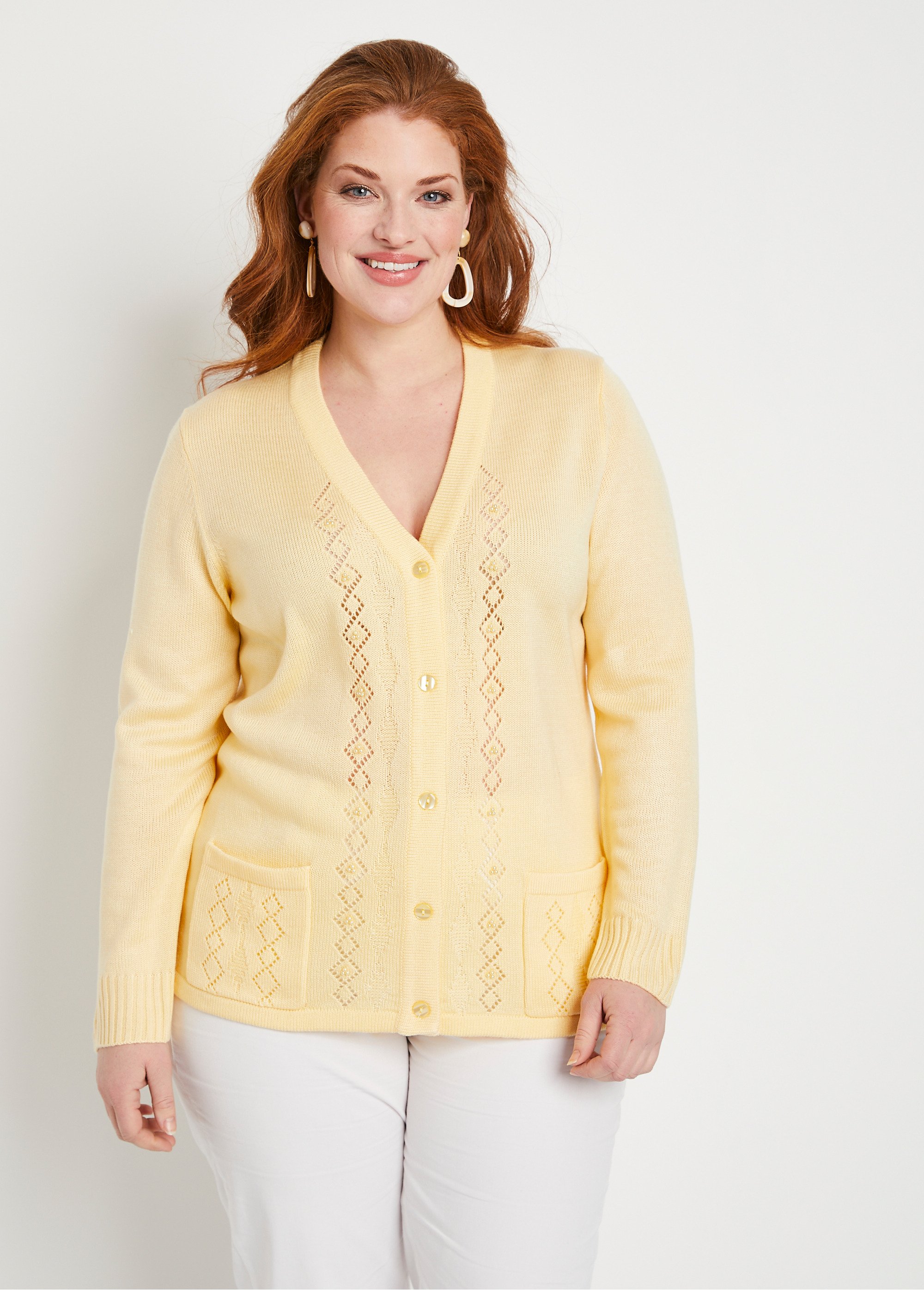 Gilet boutonné ajouré perlé Femme Grande Taille Jaune MEILLEUR FA2