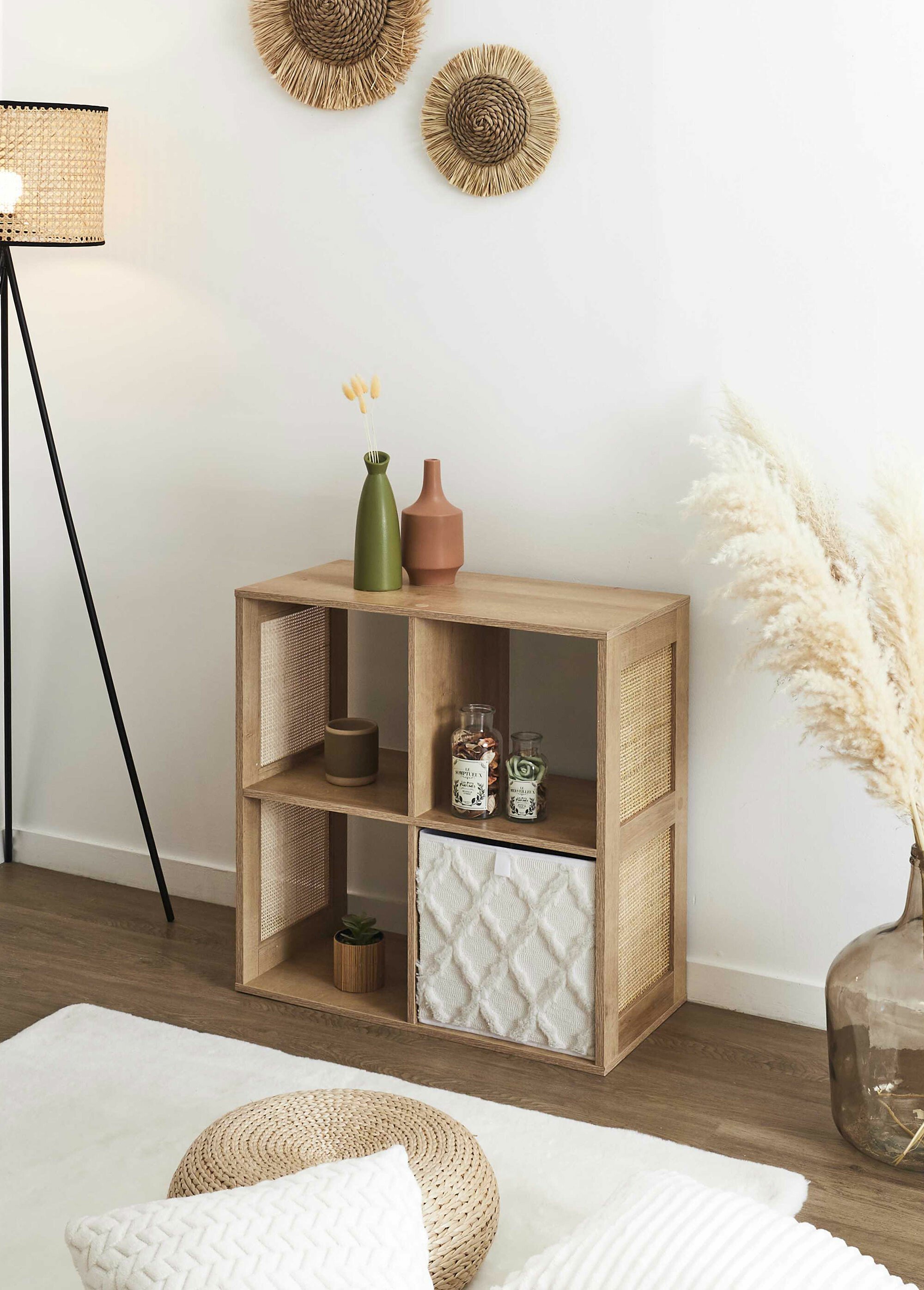 Meuble rangement 4 cases bois et cannage MARRON CMP-HD0244 SI1