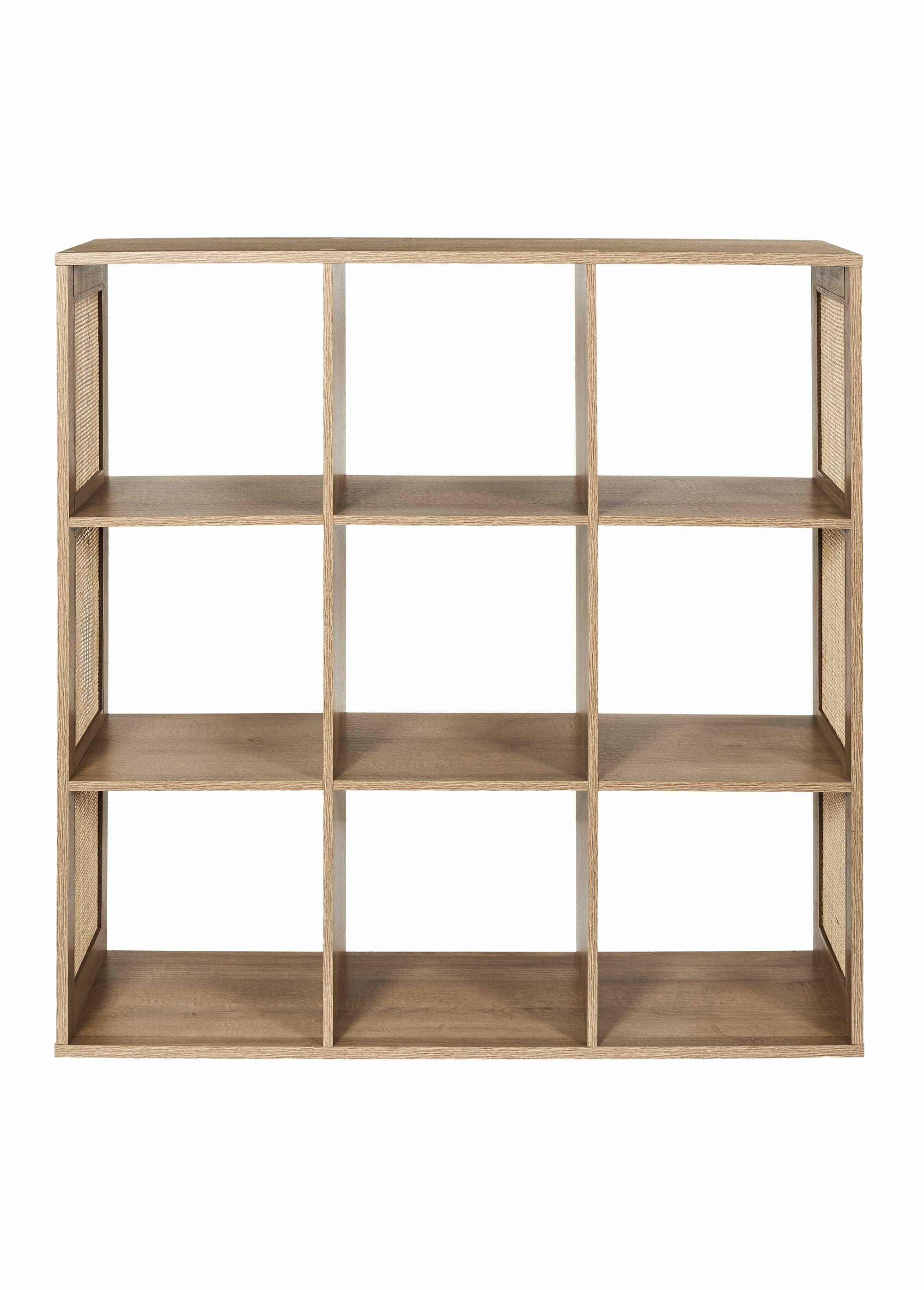 Meuble rangement 9 cases bois et cannage