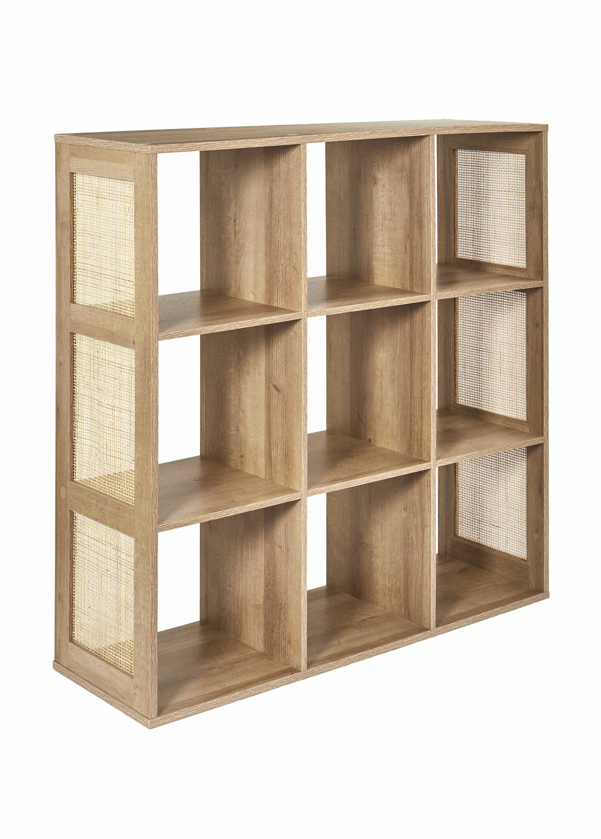 Meuble rangement 9 cases bois et cannage