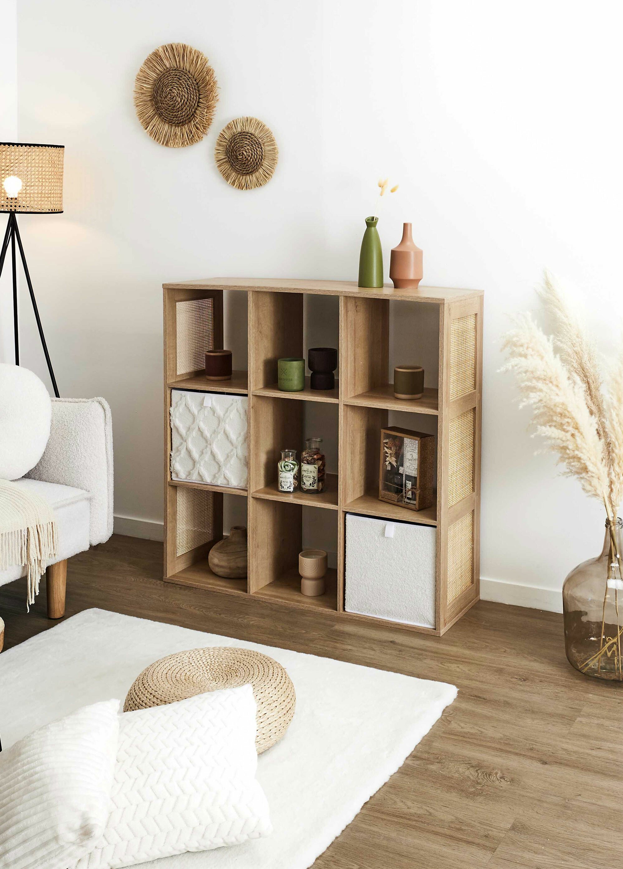 Meuble rangement 9 cases bois et cannage MARRON CMP-HD0246 SI1