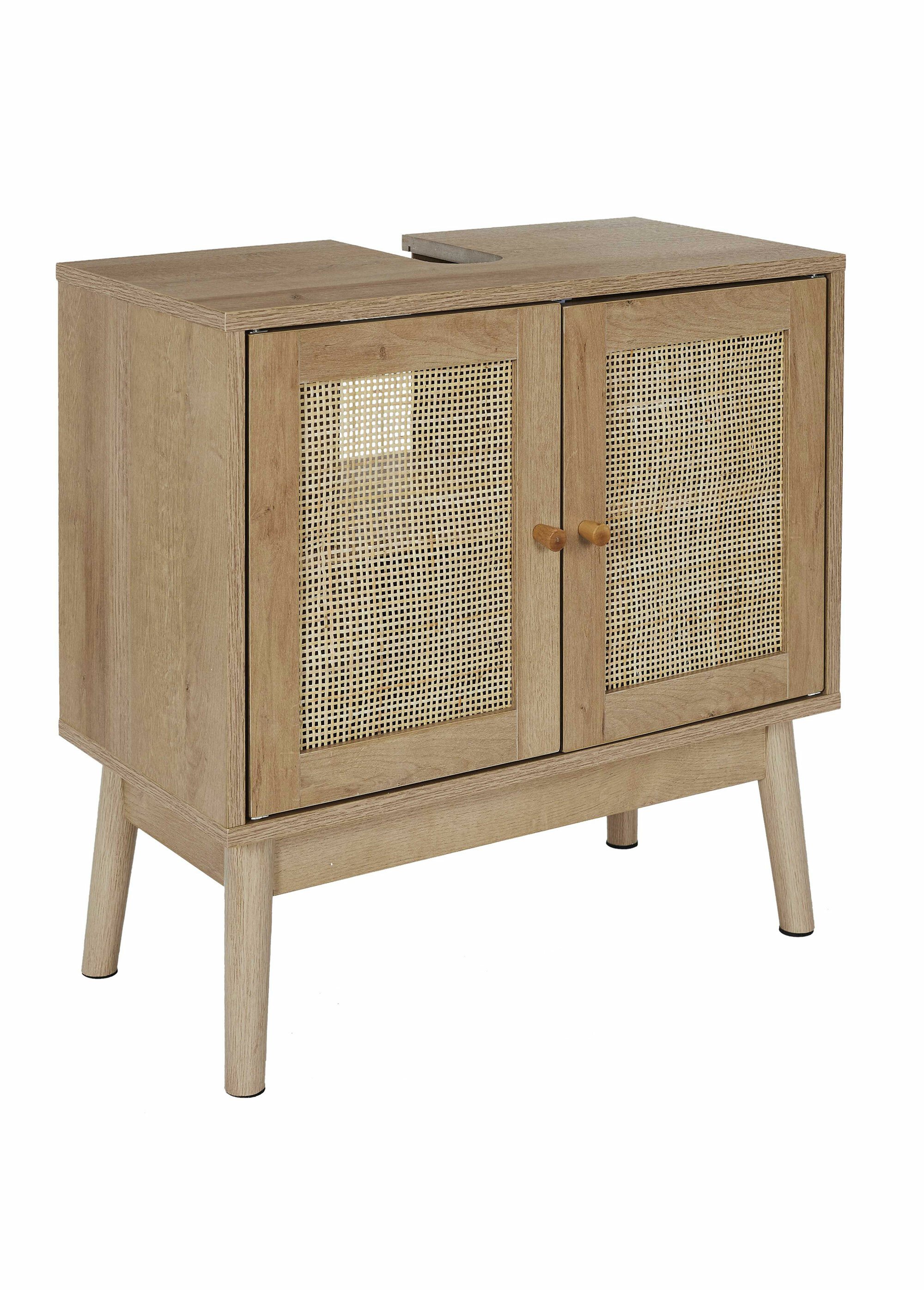 Meuble sous vasque, en bois et cannage