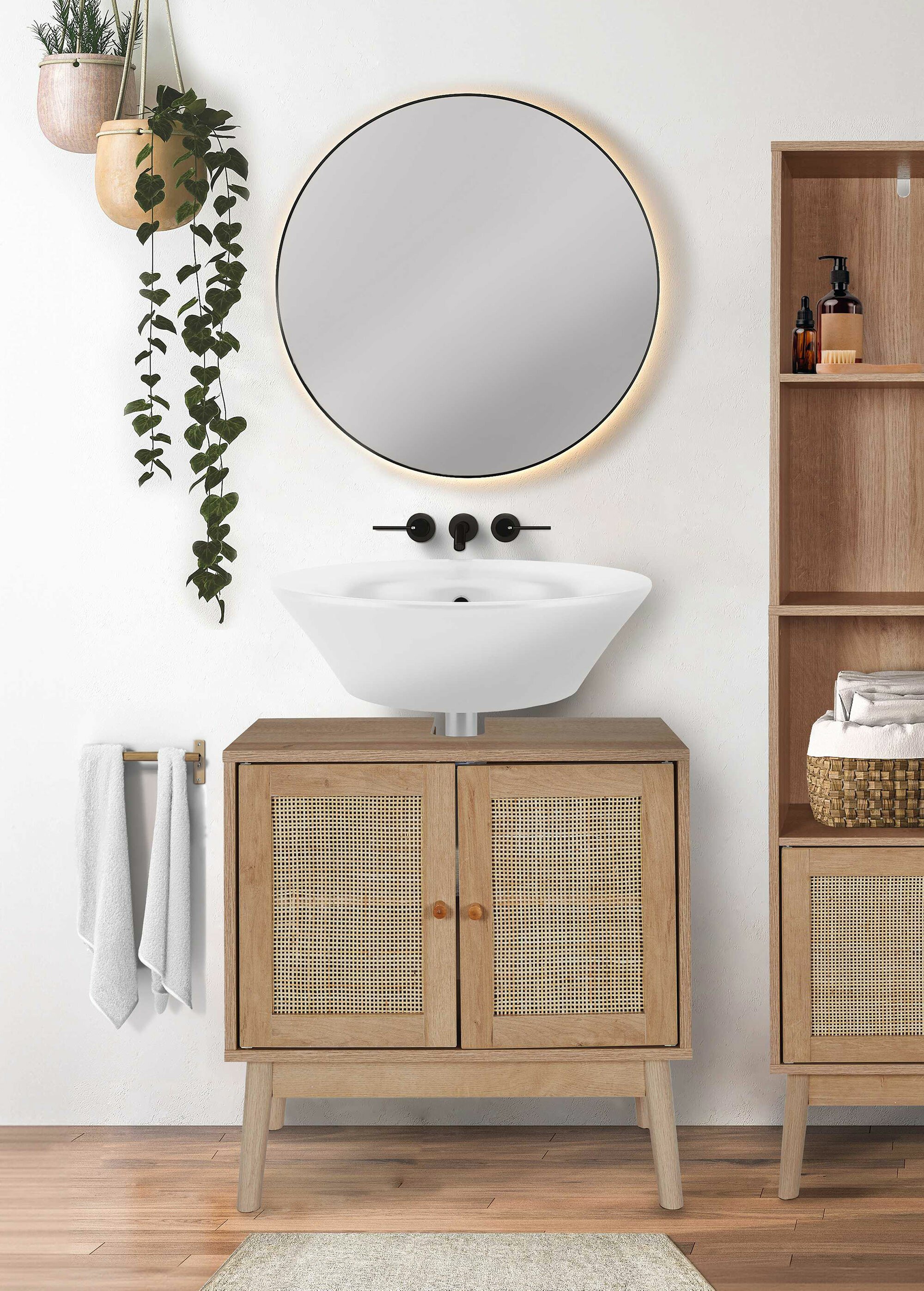 Meuble sous vasque, en bois et cannage MARRON CMP-HD0227 SI1