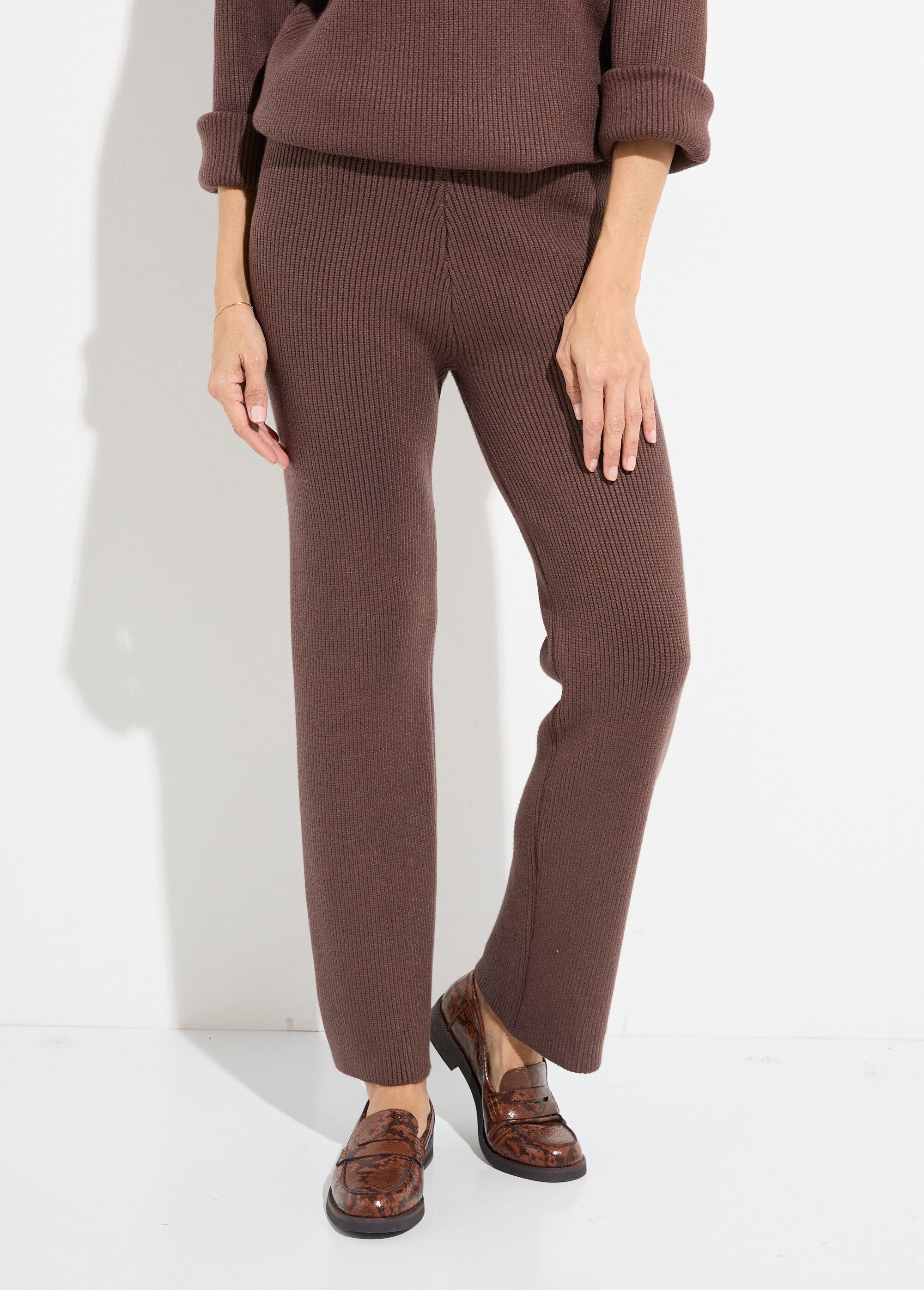 Pantalon confort en maille cotelée Femme Marron PAP-P360BAS FA1
