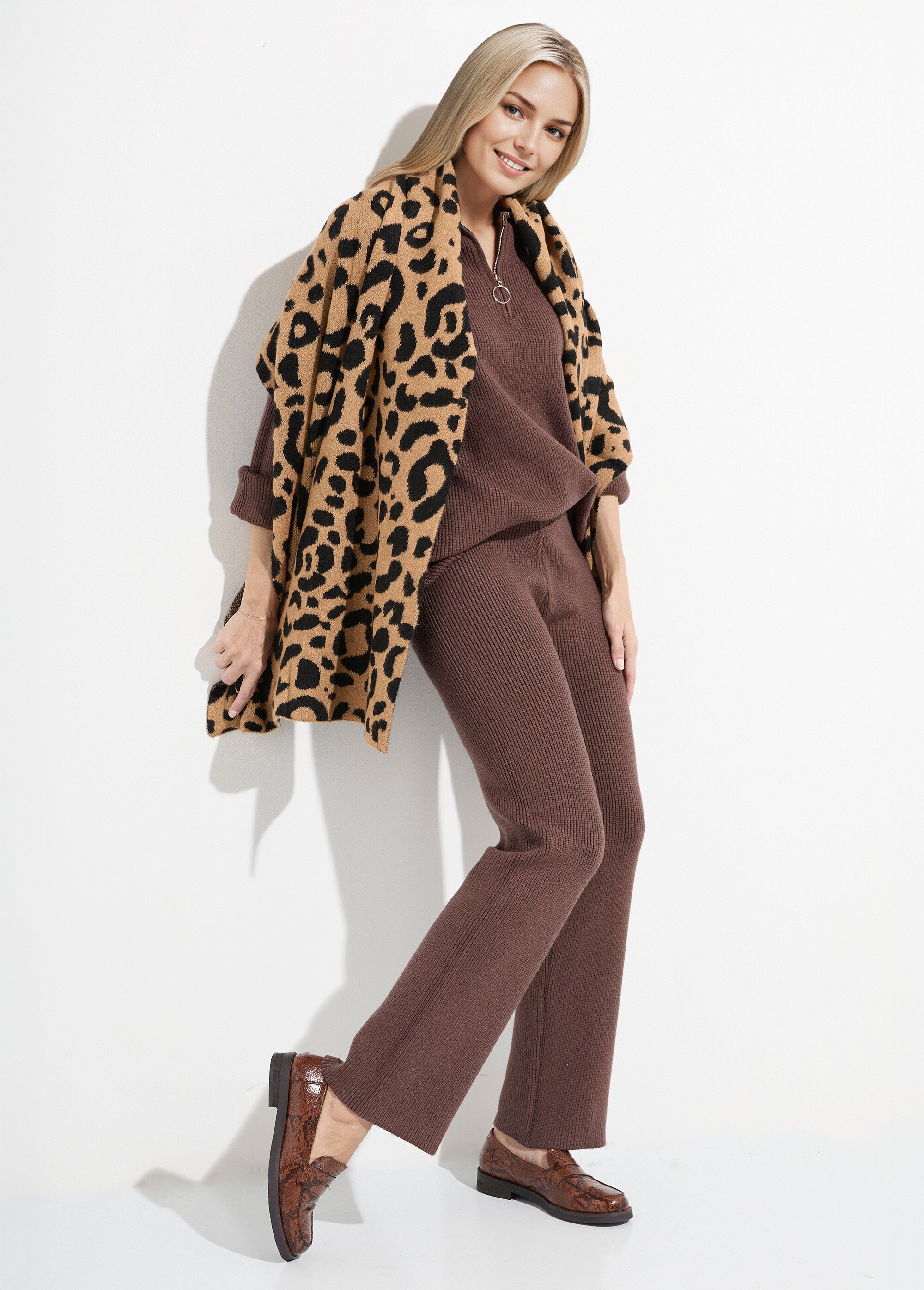 Pantalon confort en maille cotelée Femme Marron PAP-P360BAS MV1