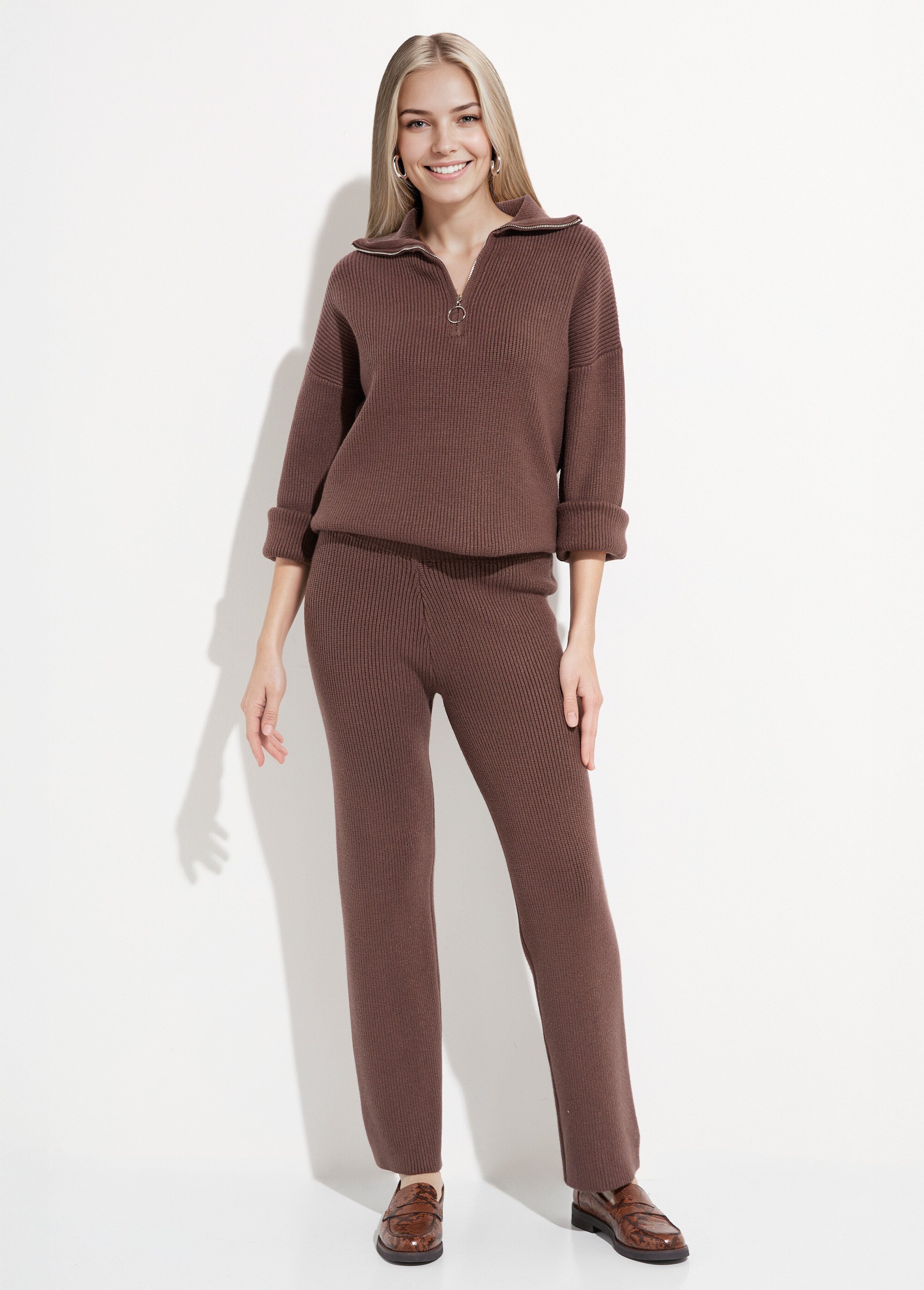 Pantalon confort en maille cotelée Femme Marron PAP-P360BAS SF1