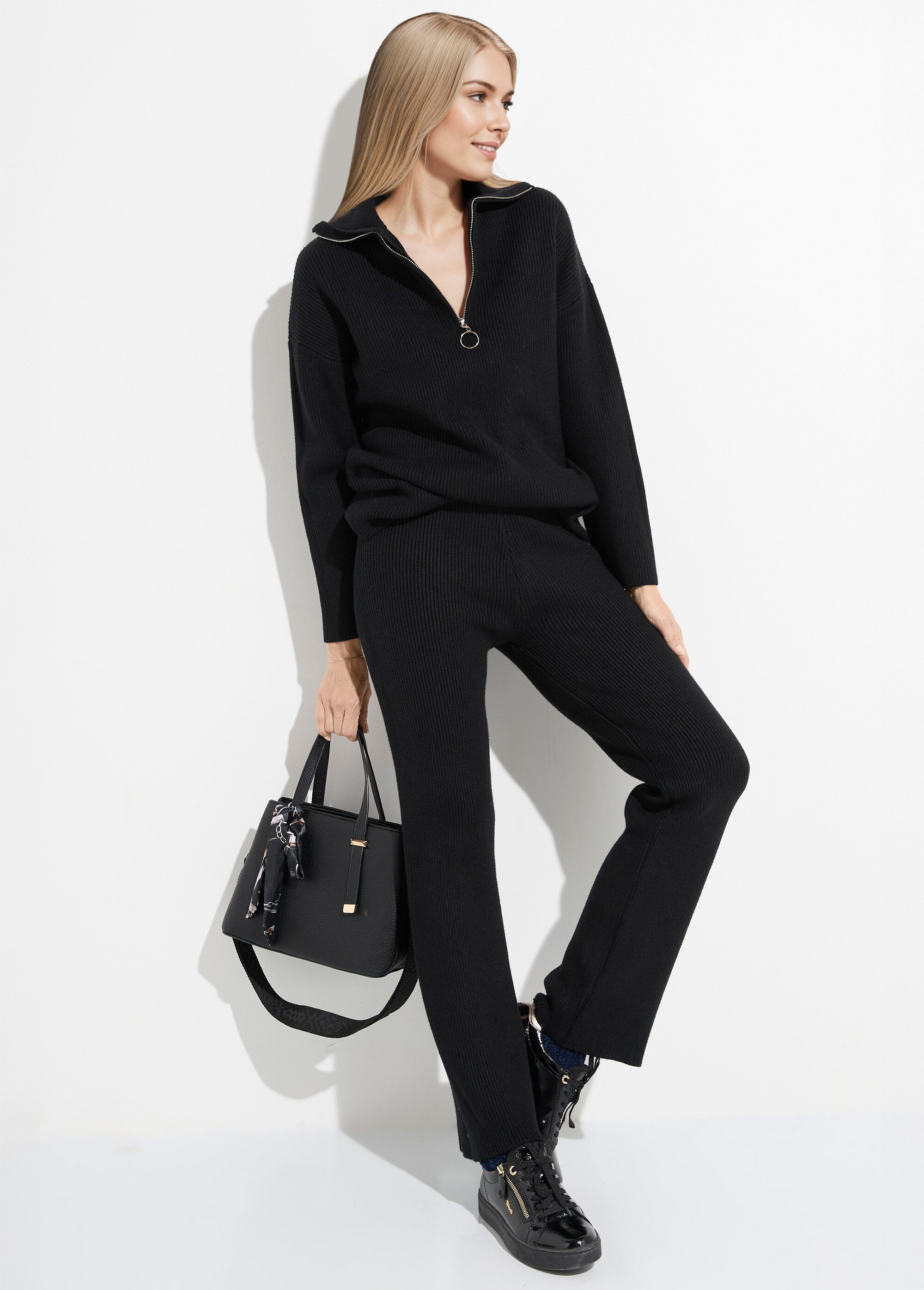Pantalon confort en maille cotelée Femme Noir PAP-P360BAS MV1
