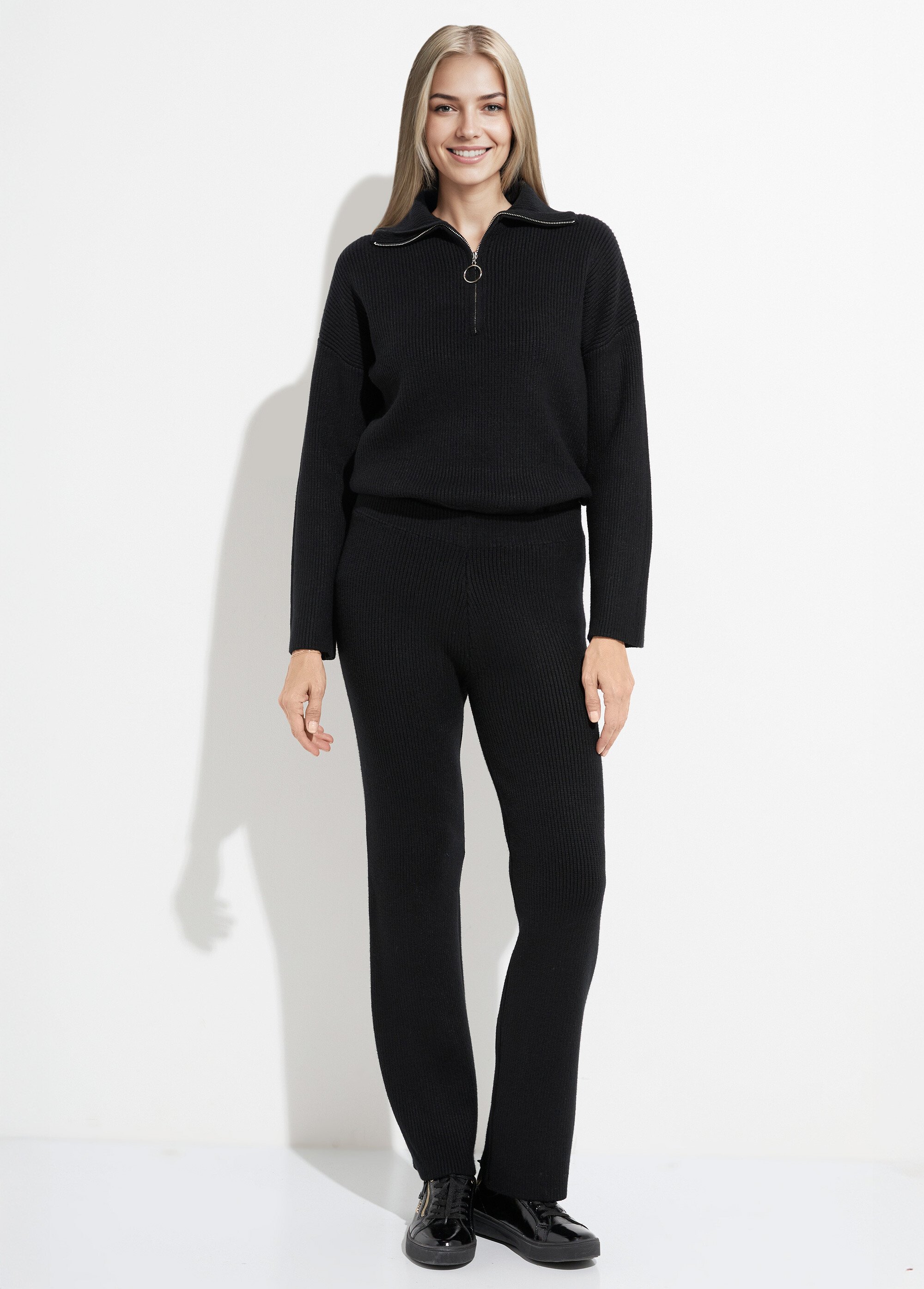 Pantalon confort en maille cotelée Femme Noir PAP-P360BAS SF1