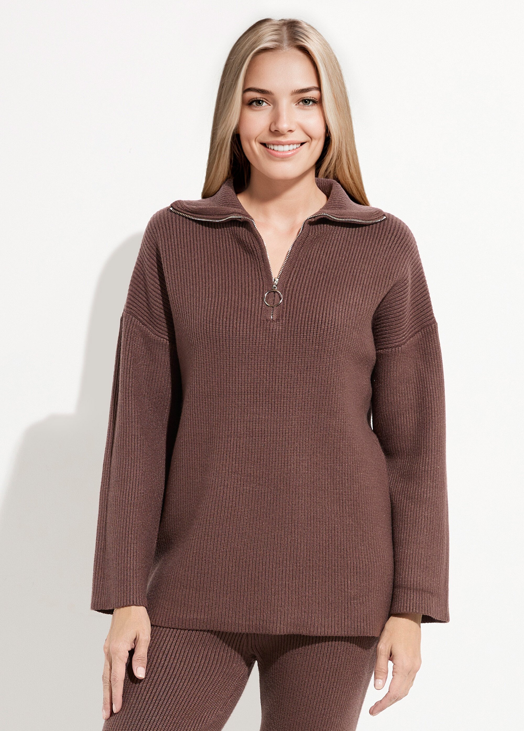 Pull camionneur confort maille cotelée Femme Marron PAP-P360HAUT FA1