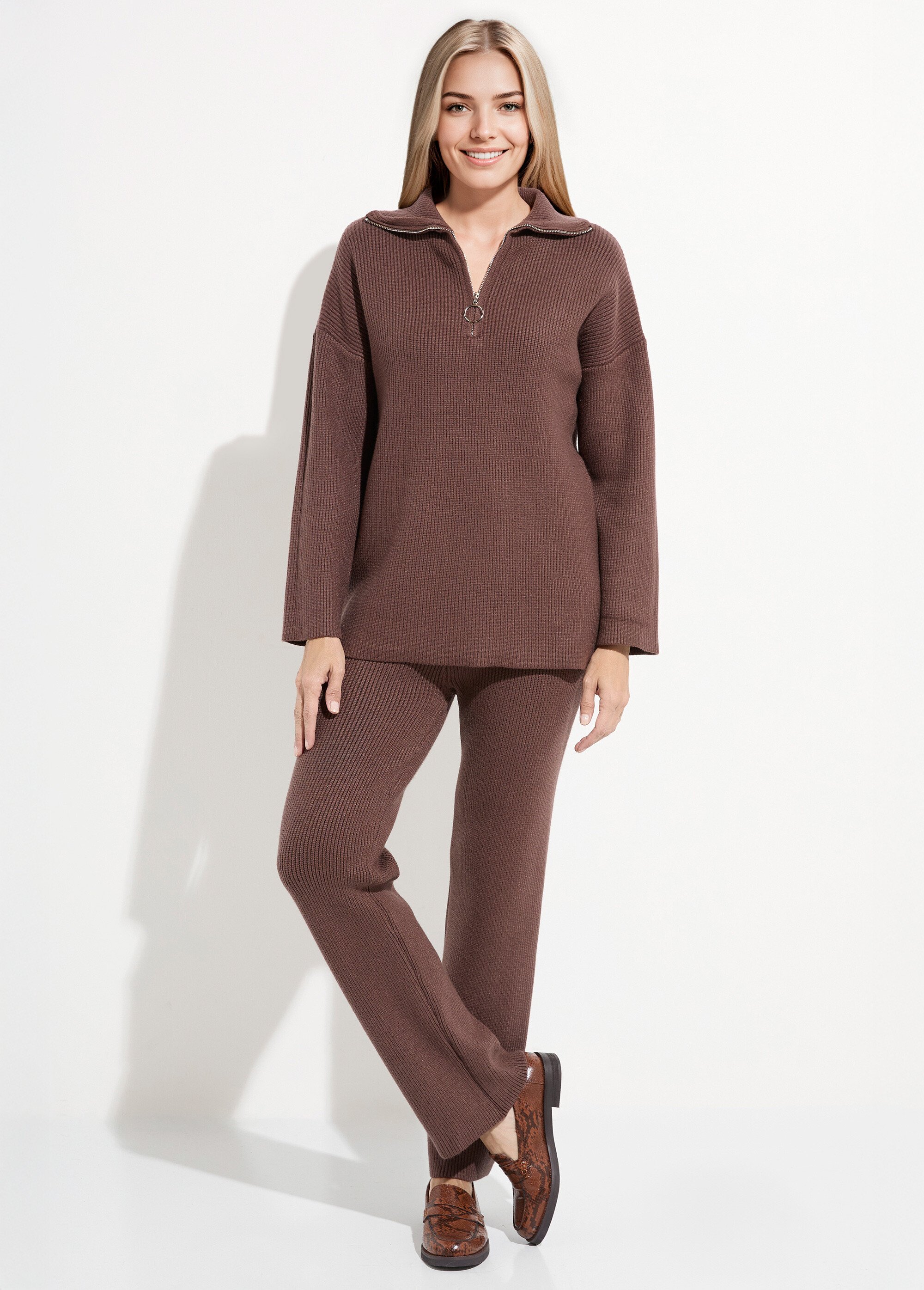Pull camionneur confort maille cotelée Femme Marron PAP-P360HAUT SF1