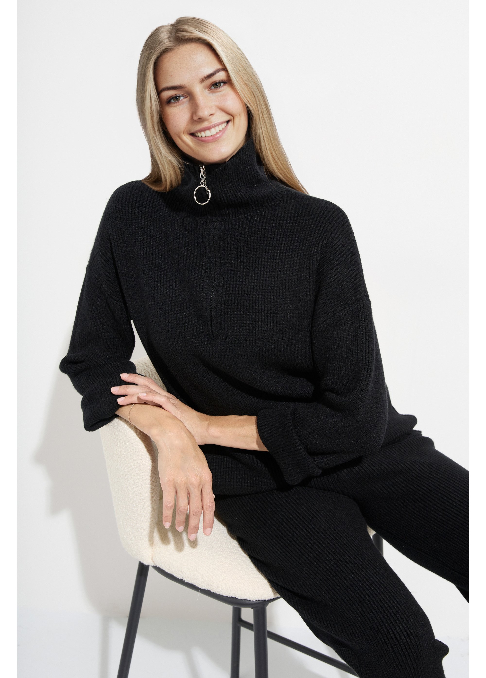 Pull camionneur confort maille cotelée Femme Noir PAP-P360HAUT MV1