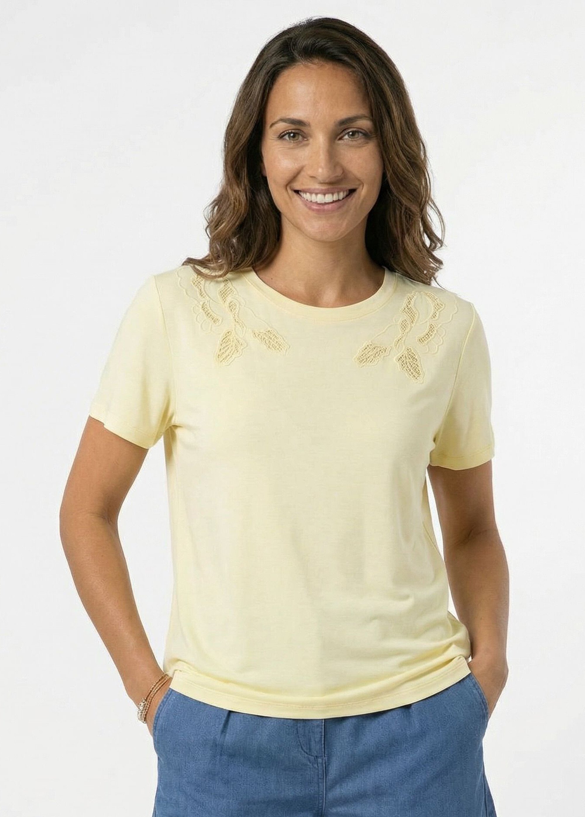 T-shirt brodé ajouré coton  col rond Femme Jaune CAGNAS FA1
