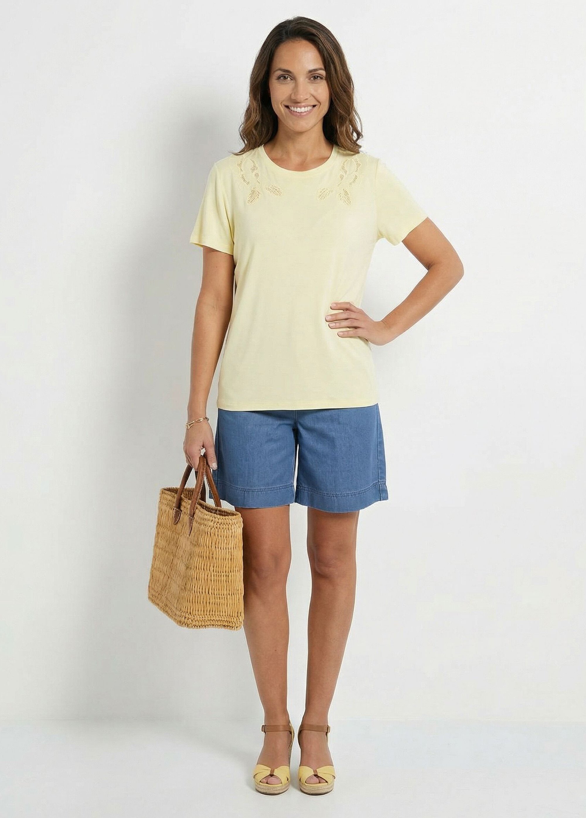 T-shirt brodé ajouré coton  col rond Femme Jaune CAGNAS SF1