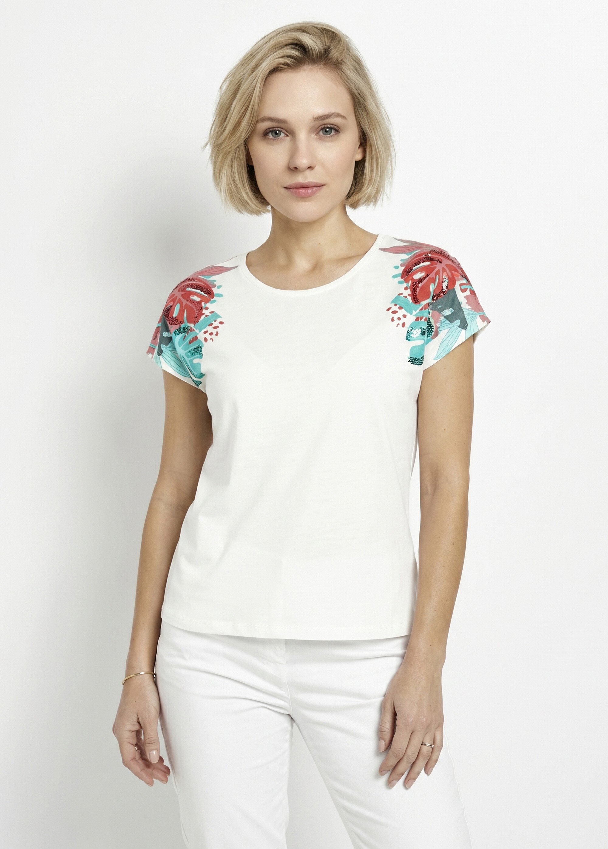T-shirt court blanc motif sequins col rond Femme Blanc CALAOS FA1