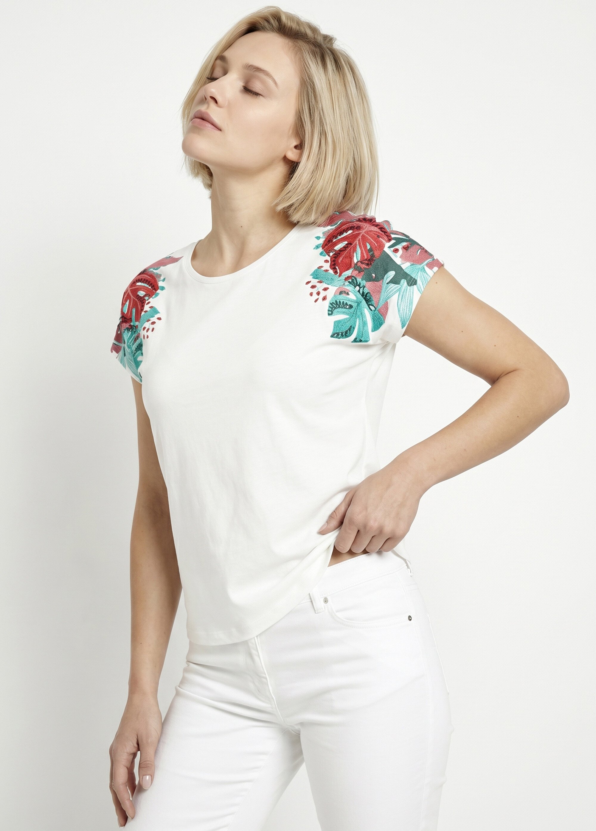 T-shirt court blanc motif sequins col rond Femme Blanc CALAOS MV1