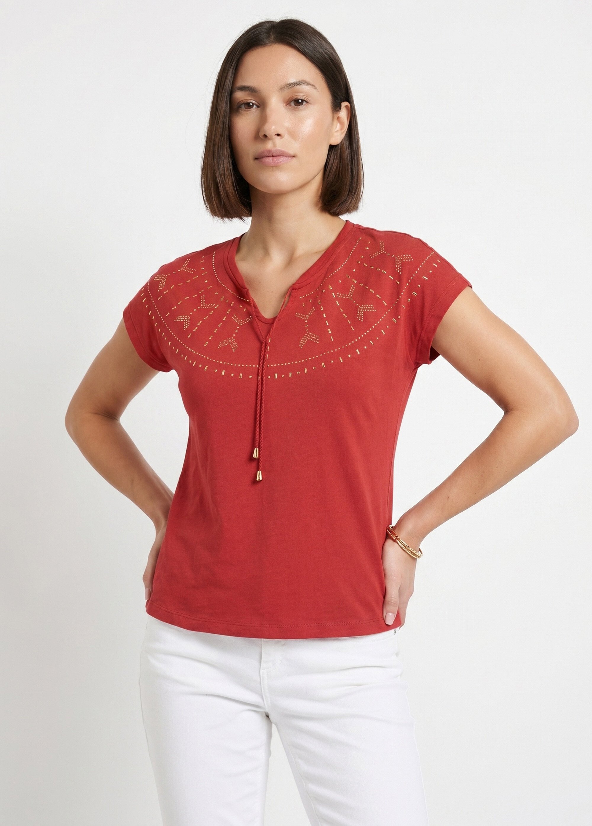 T-shirt court uni clouté maille flammée Femme Rouge CLASIE FA1
