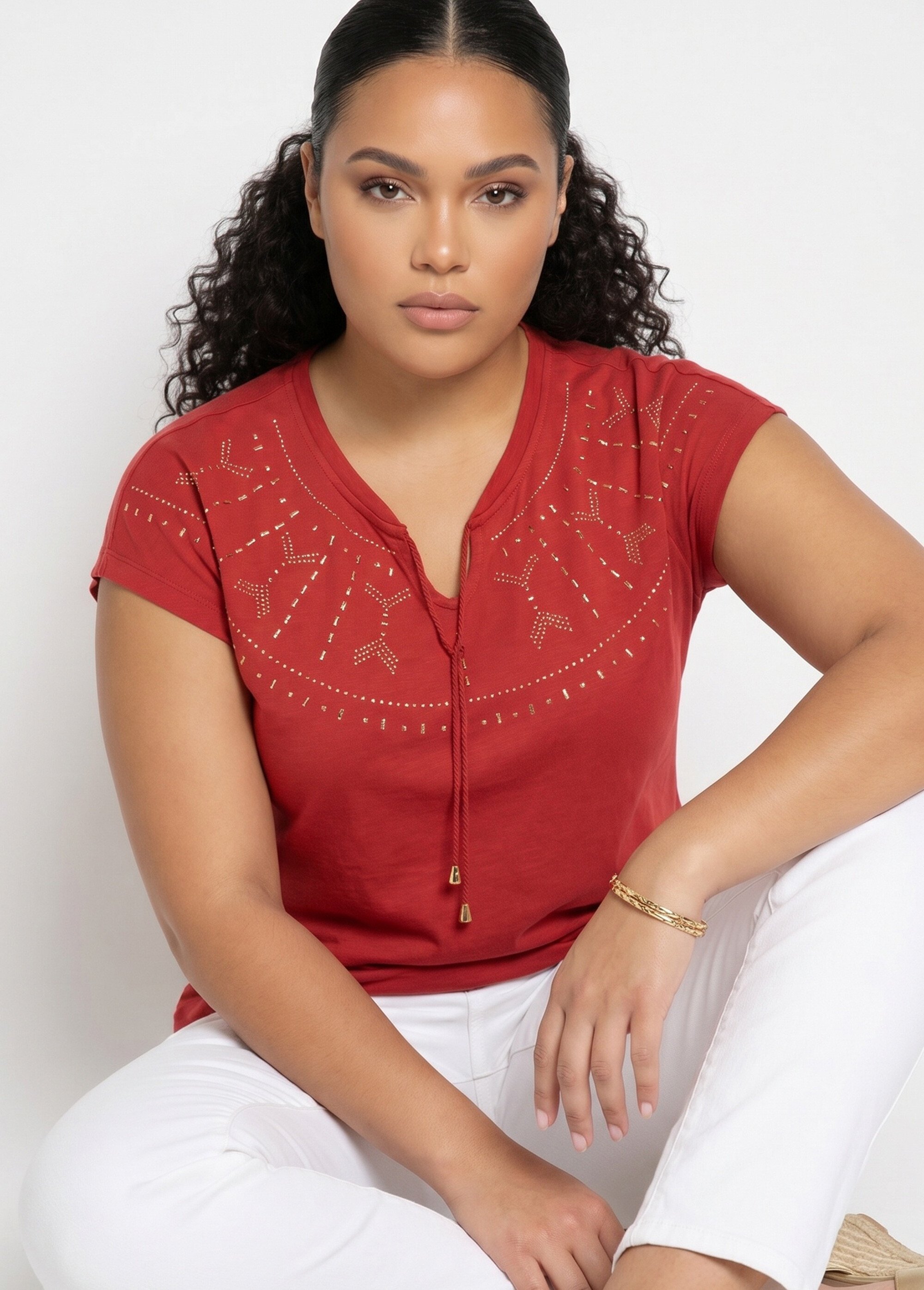 T-shirt court uni clouté maille flammée Femme Grande Taille Rouge CLASIE MV1