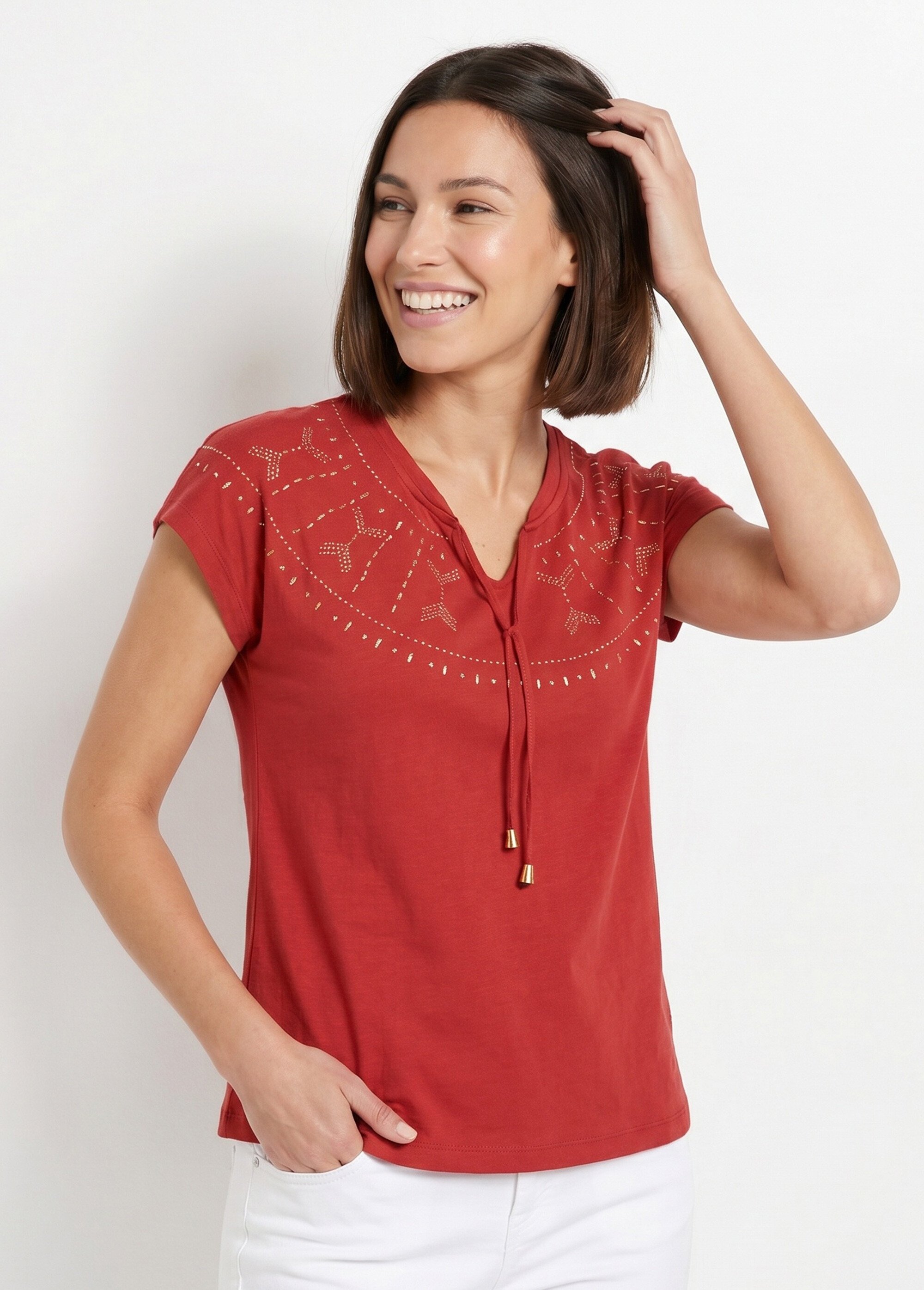 T-shirt court uni clouté maille flammée Femme Rouge CLASIE MV1
