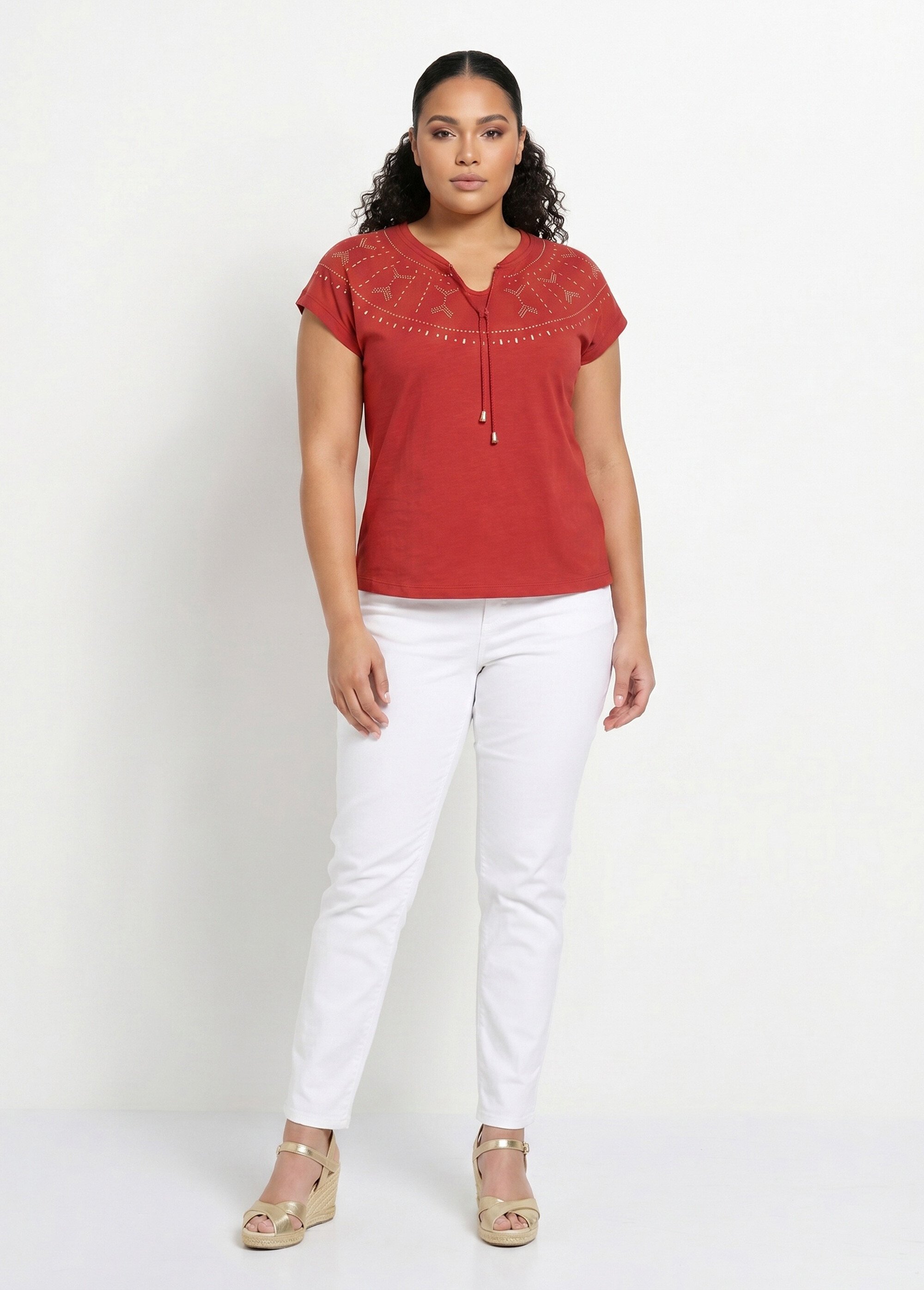 T-shirt court uni clouté maille flammée Femme Grande Taille Rouge CLASIE SI1
