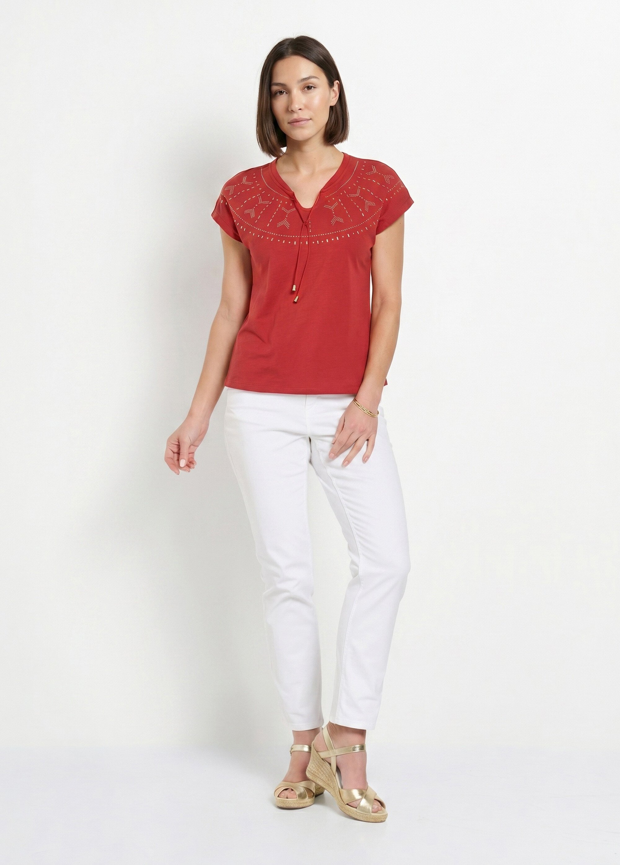 T-shirt court uni clouté maille flammée Femme Rouge CLASIE SI1