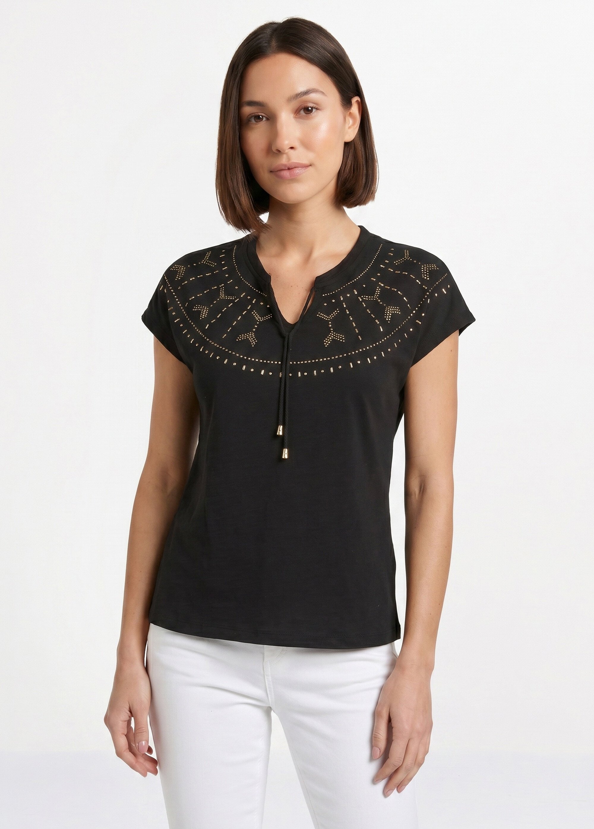 T-shirt court uni clouté maille flammée Femme Noir CLASIE FA1