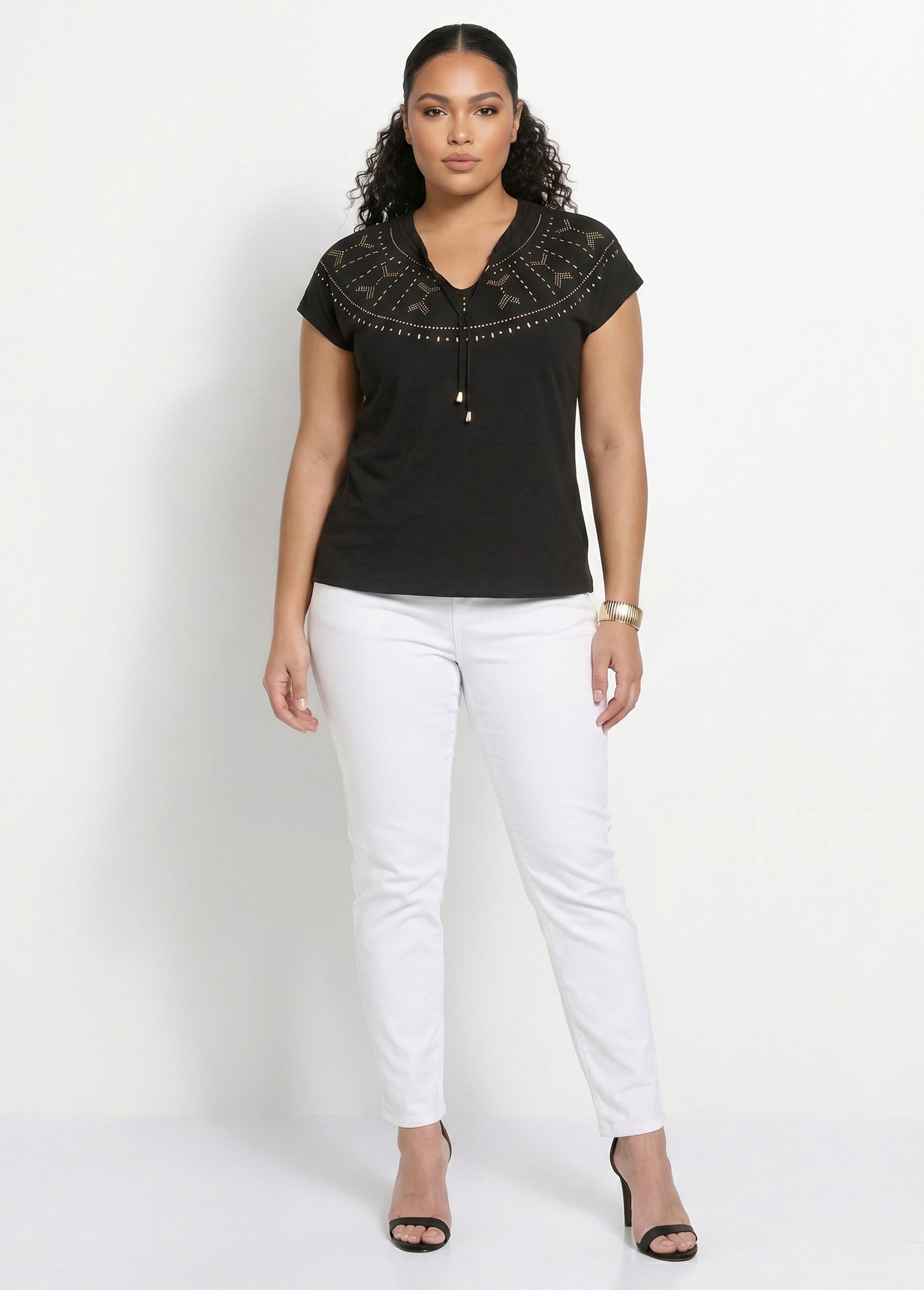 T-shirt court uni clouté maille flammée Femme Grande Taille Noir CLASIE SI1