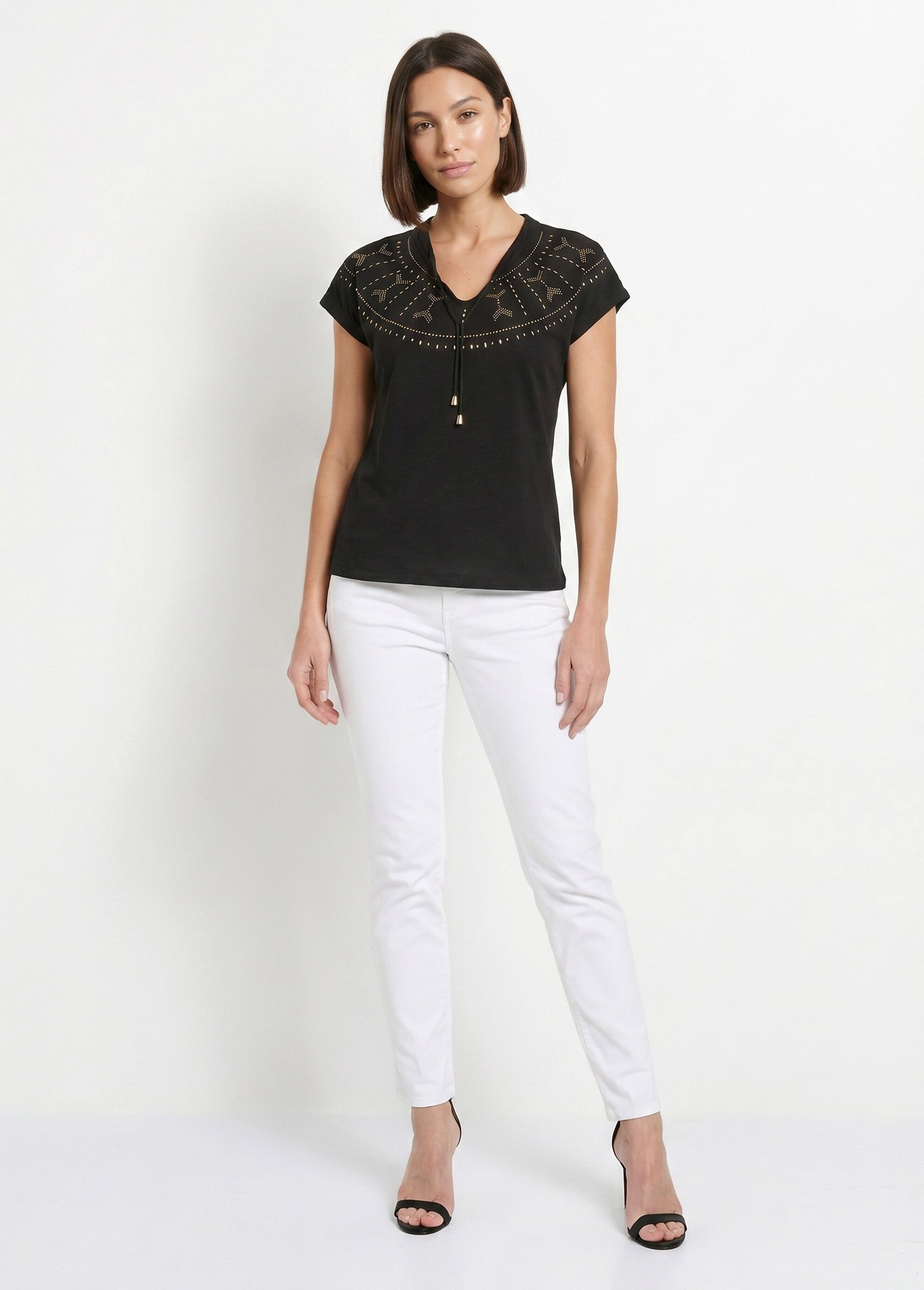 T-shirt court uni clouté maille flammée Femme Noir CLASIE SI1